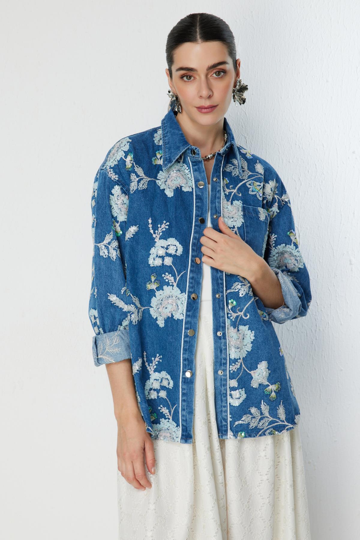 Sequin Floral Embroidered Denim Shirt