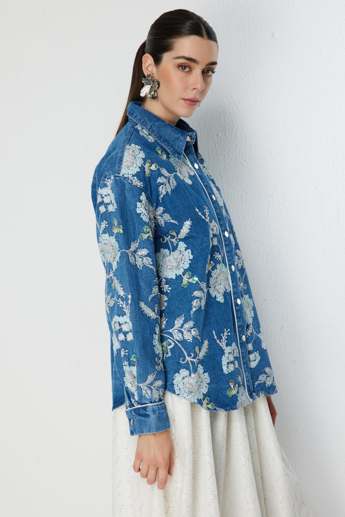 Sequin Floral Embroidered Denim Shirt