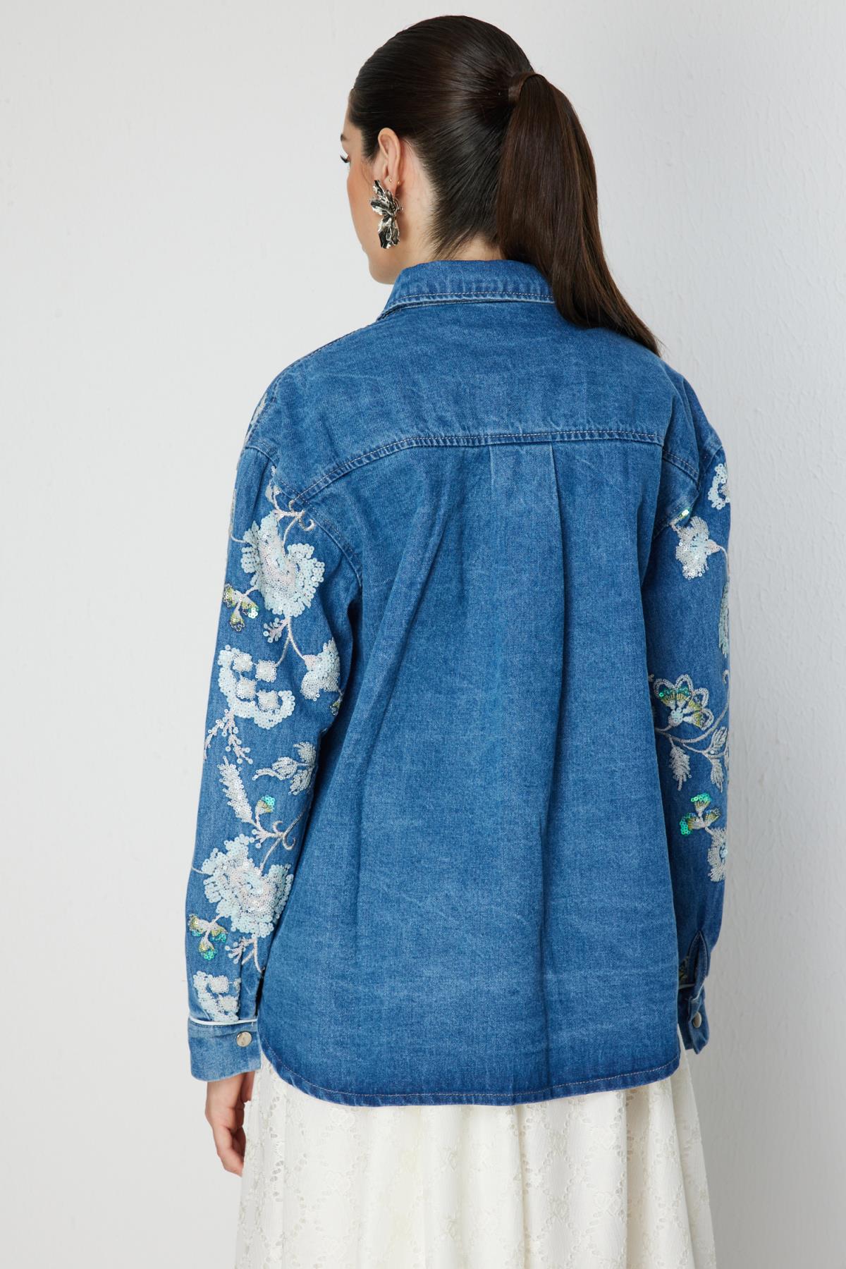Sequin Floral Embroidered Denim Shirt