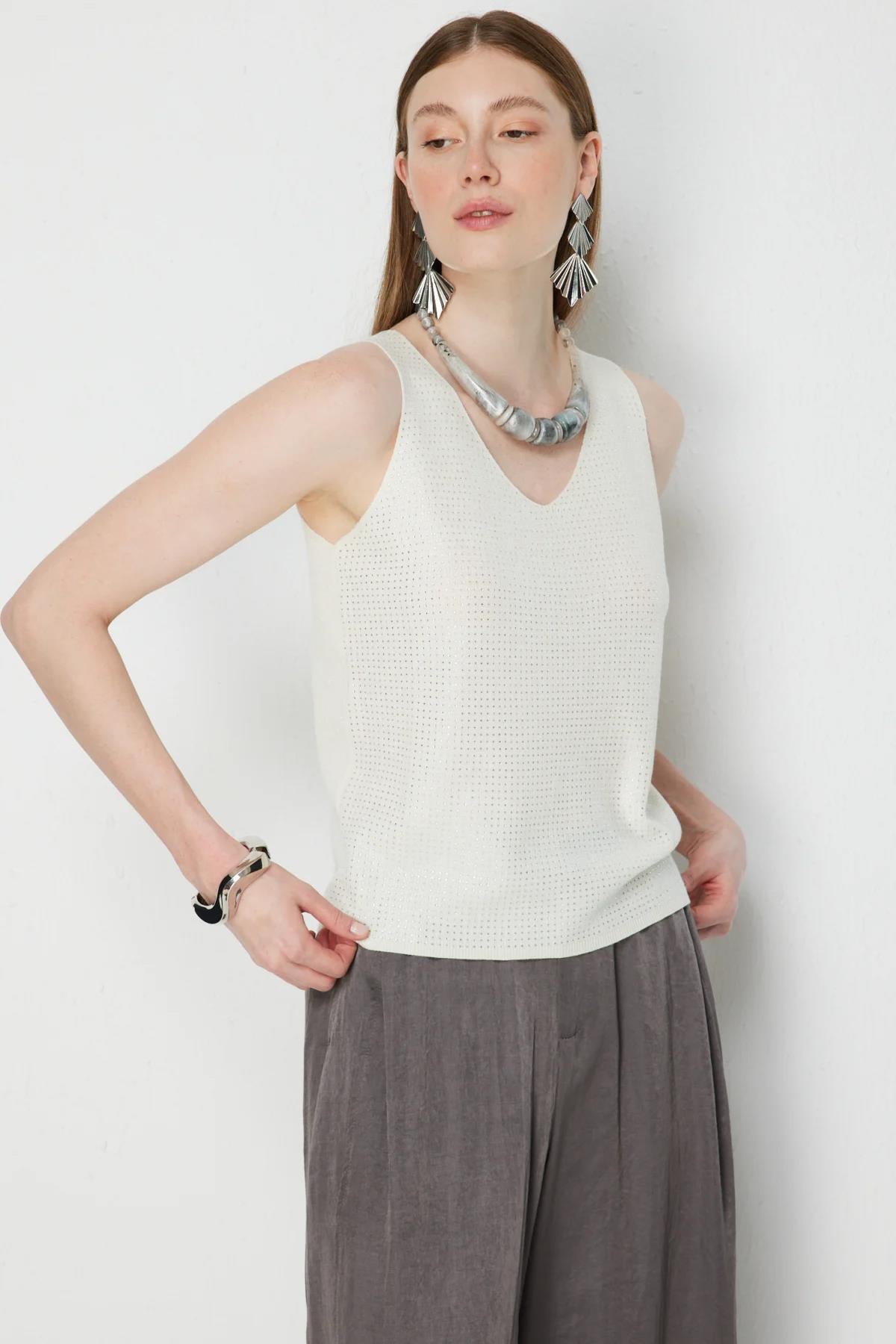 V-Neck Embellished Sleeveless Blouse