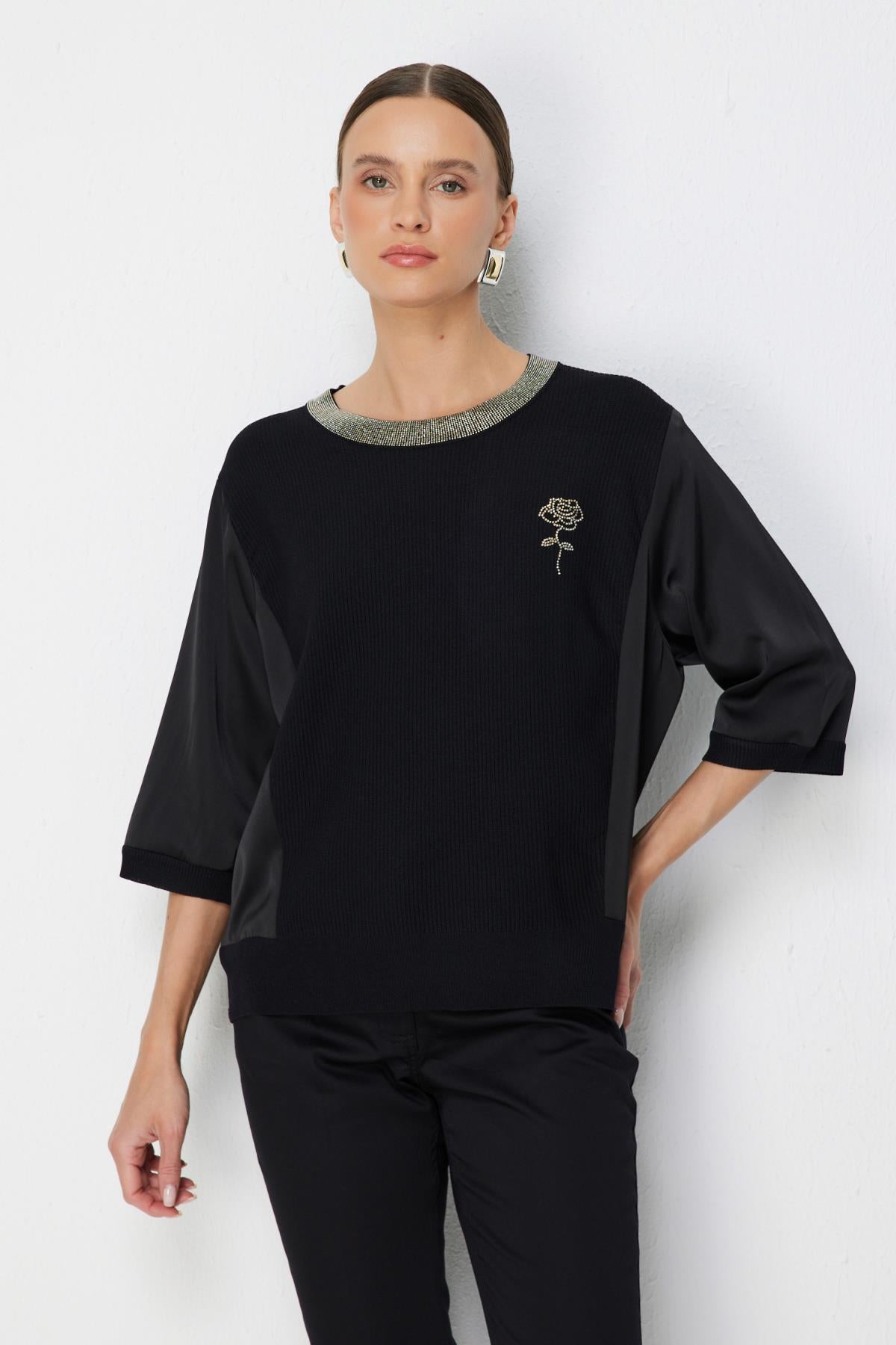 Crew Neck Blouse with Stone Embellishment