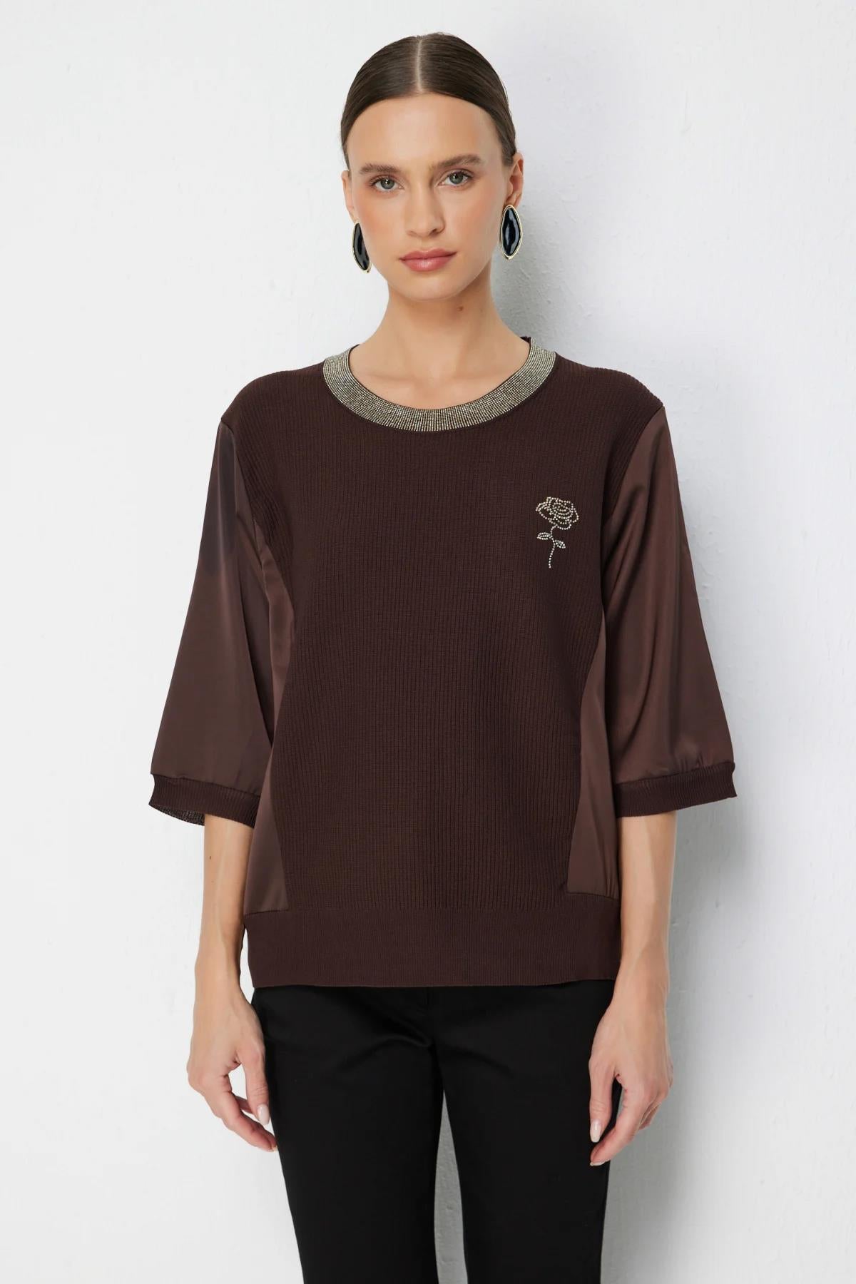 Crew Neck Blouse with Stone Embellishment