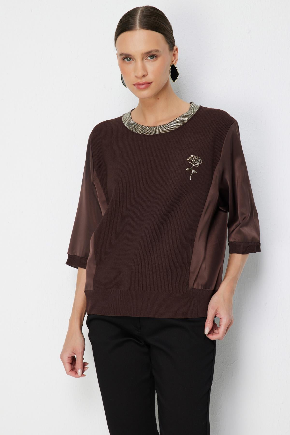 Crew Neck Blouse with Stone Embellishment