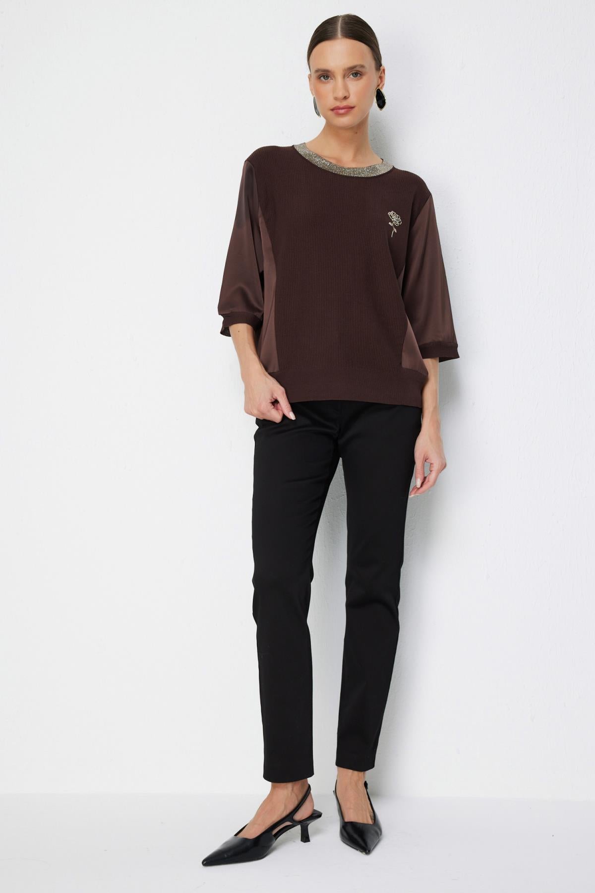 Crew Neck Blouse with Stone Embellishment