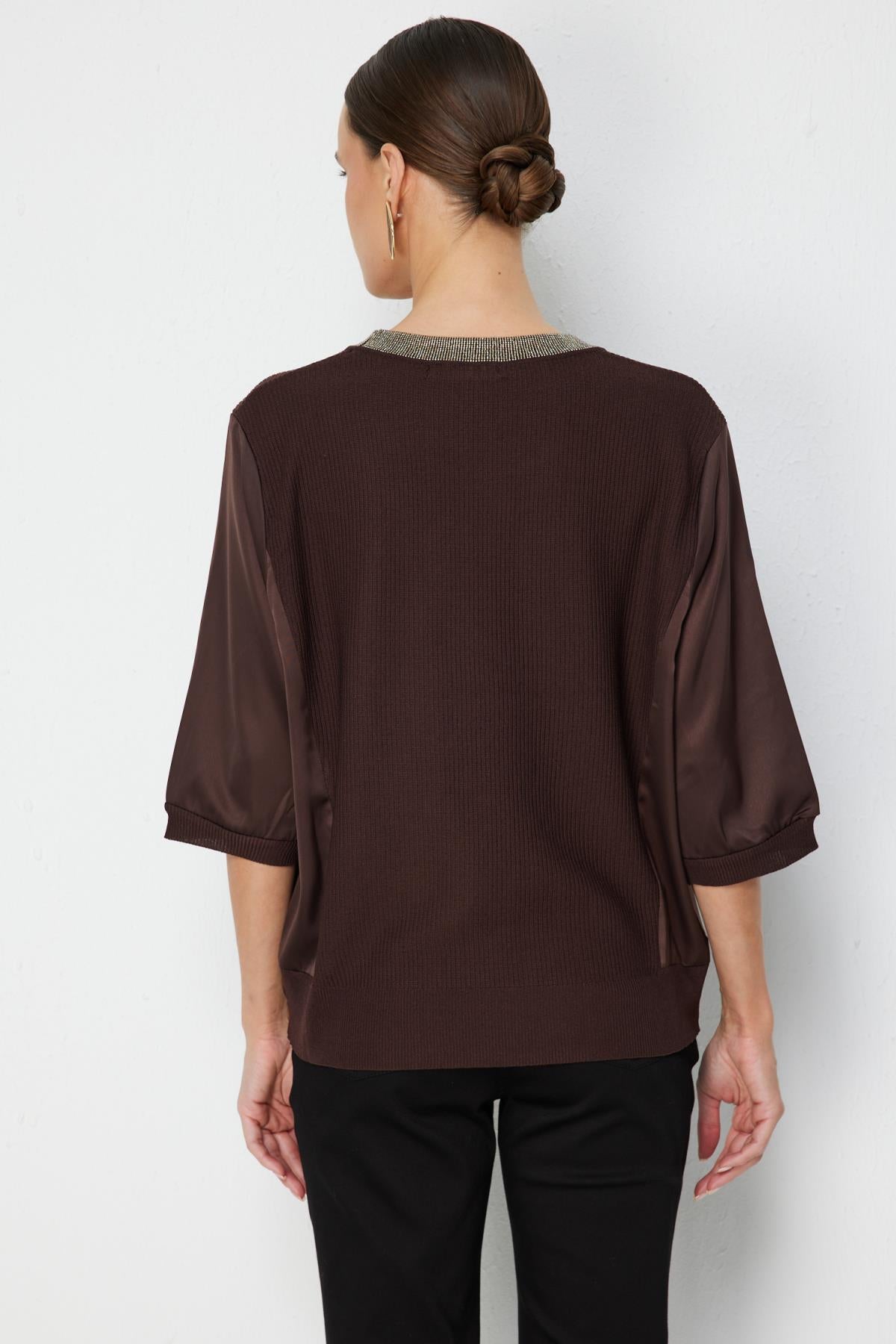 Crew Neck Blouse with Stone Embellishment