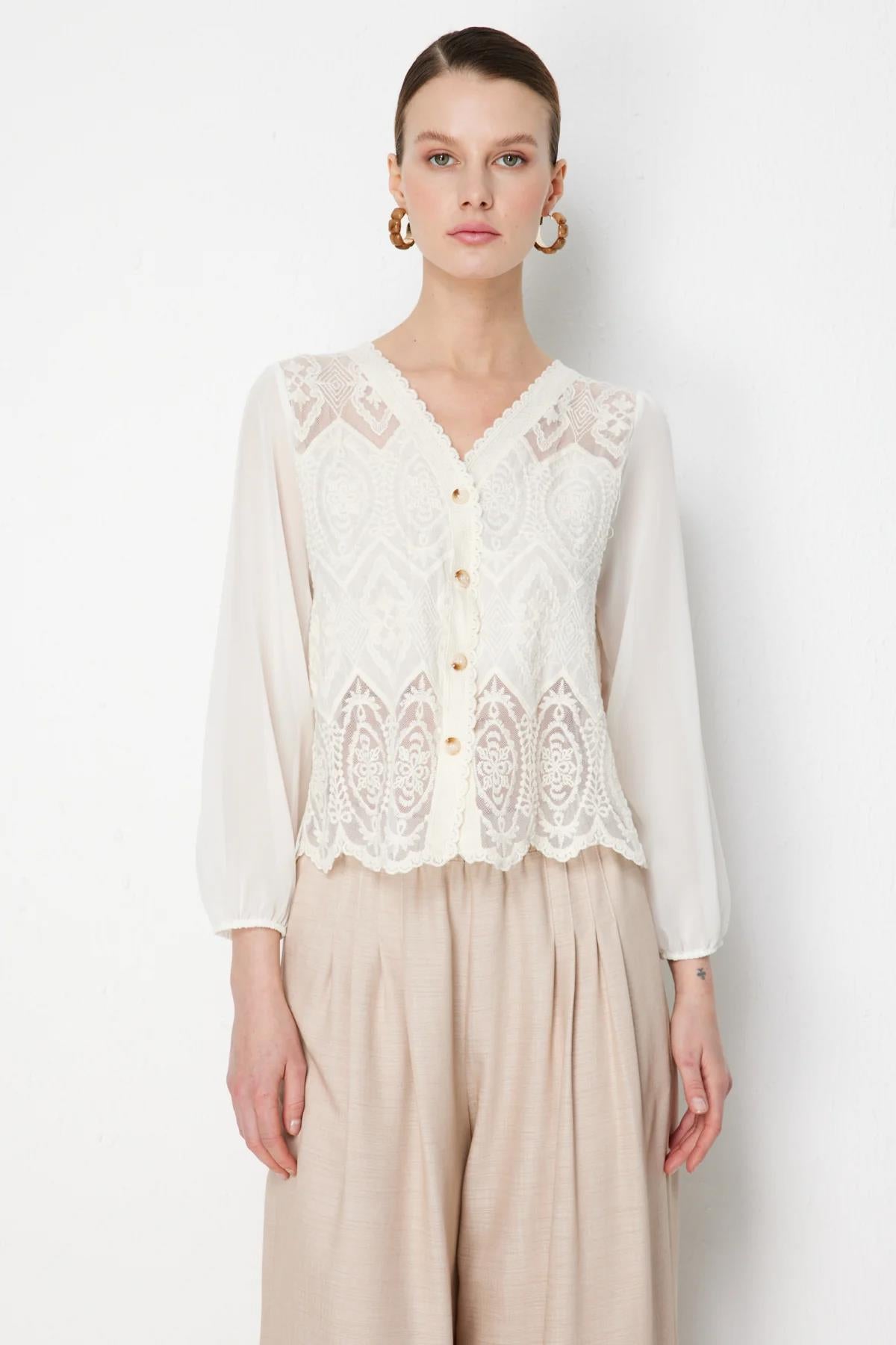 Cotton Cardigan with Tulle Lace Sleeves
