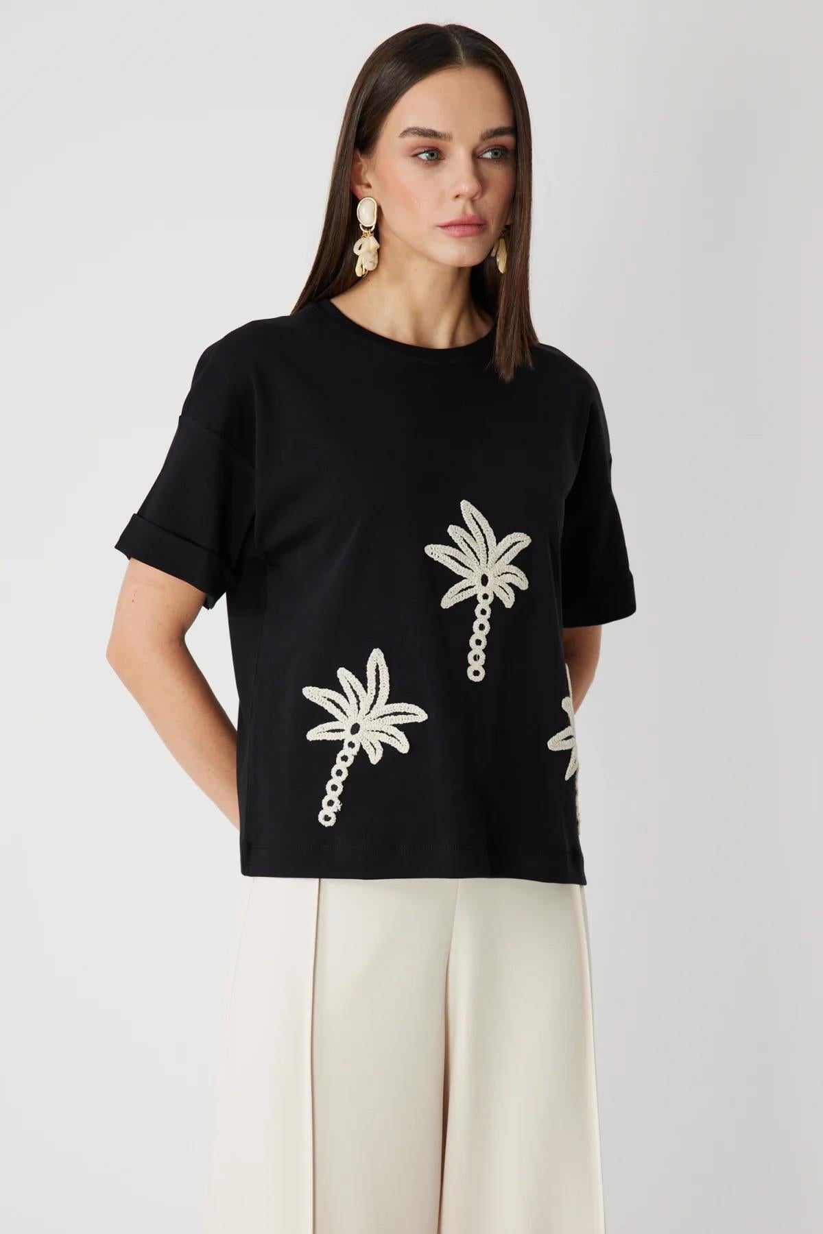 Lace Embroidered Crew Neck Blouse