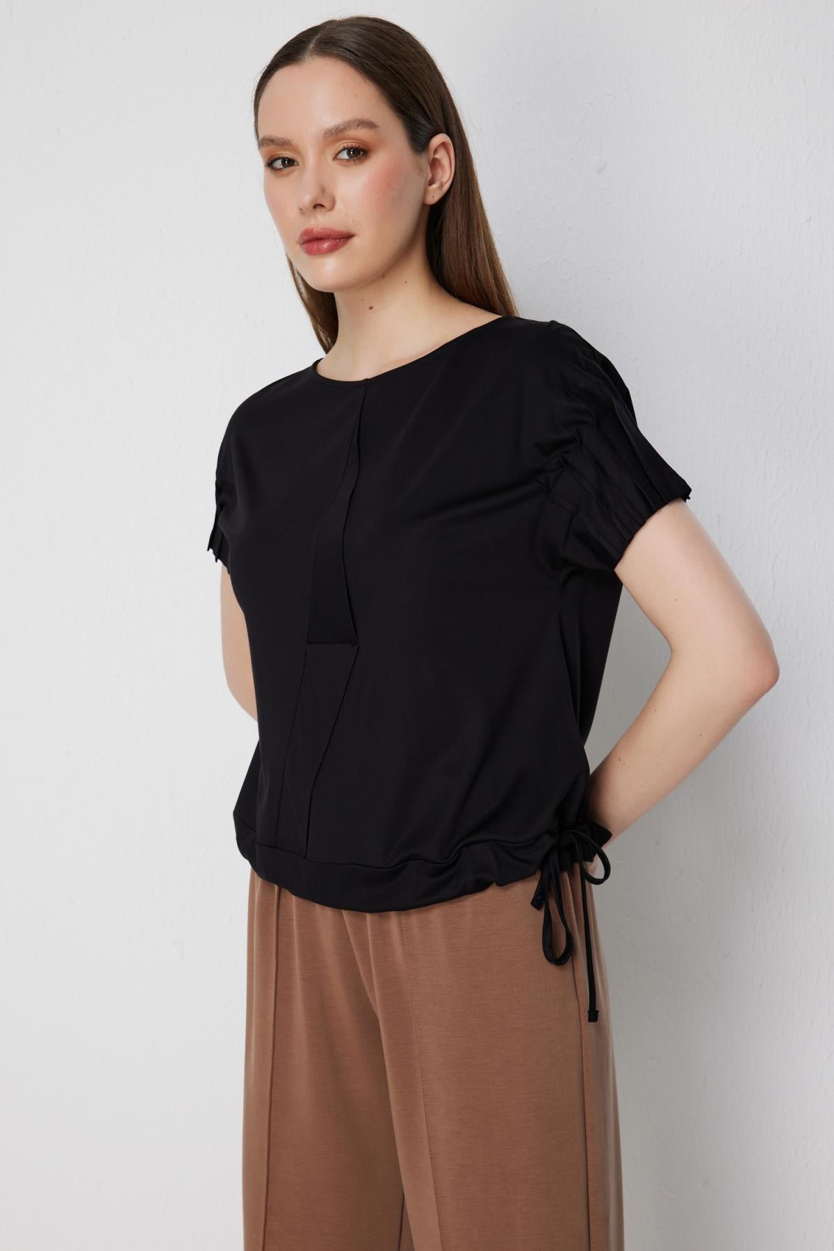 Blouse with Pleated Sleeves and Tie Waist