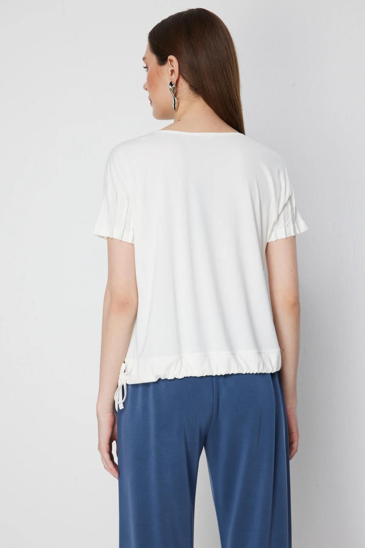 Blouse with Pleated Sleeves and Tie Waist