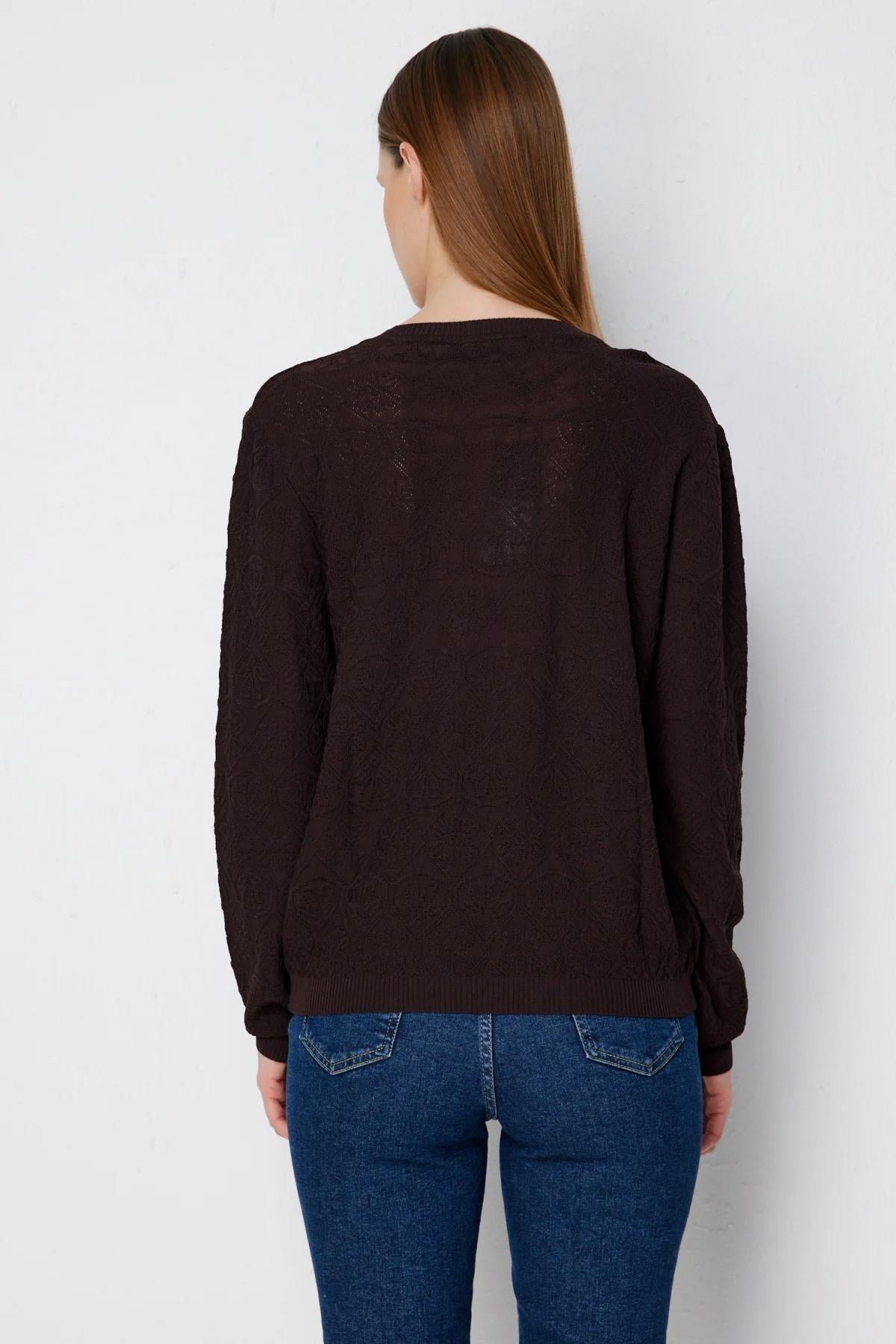 Patterned Decorative Button Crew Neck Blouse