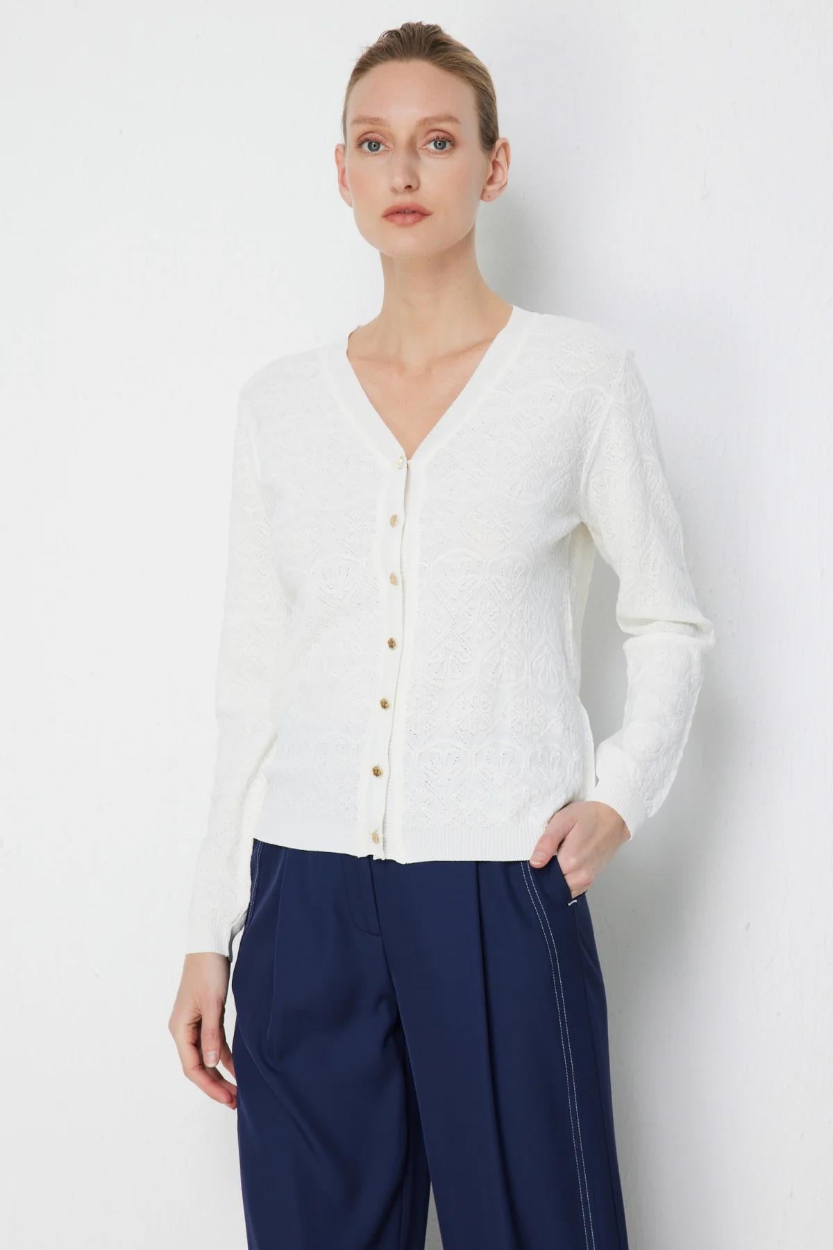 V-Neck Self-Patterned Knit Cardigan