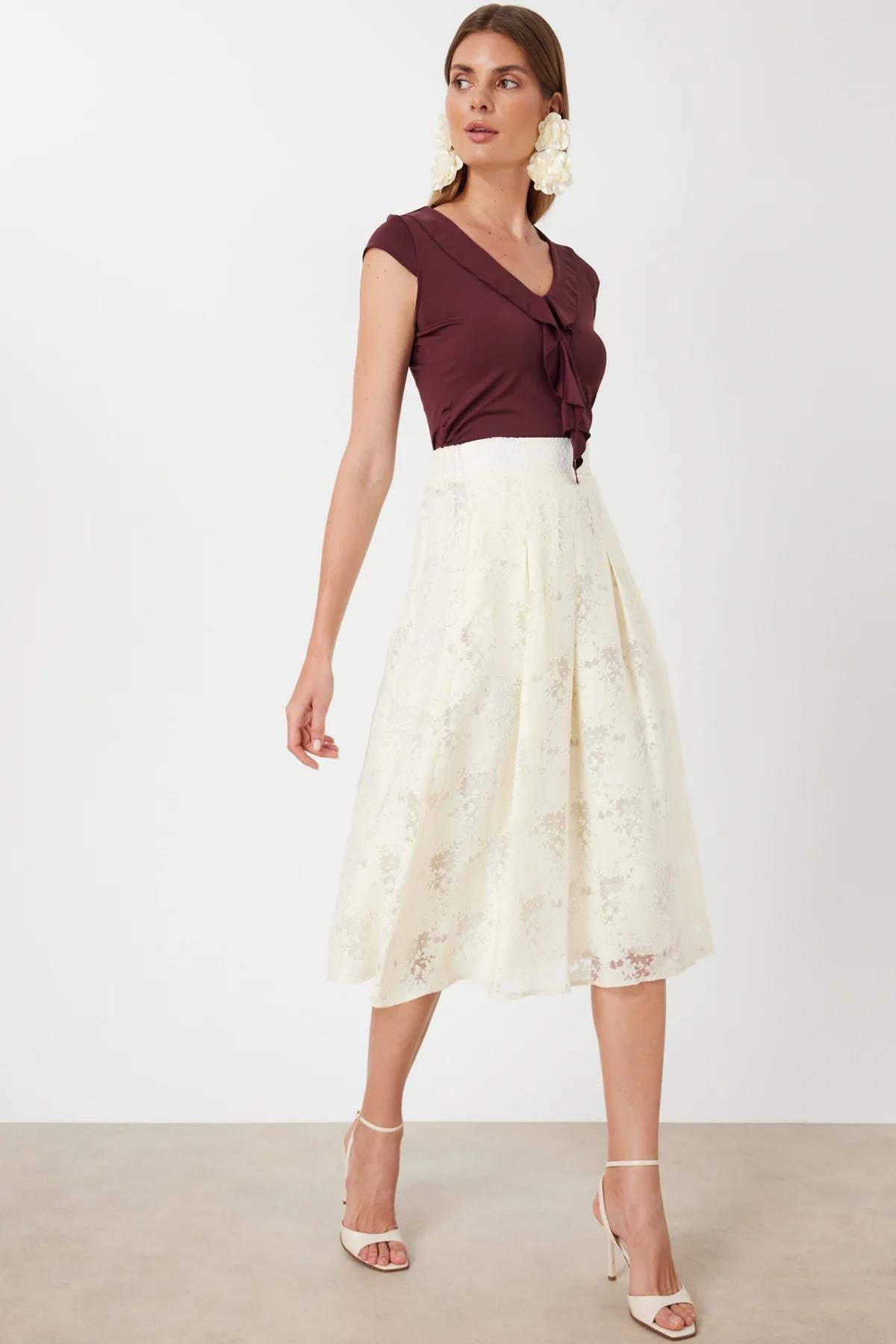 Desenli Pileli Midi Etek