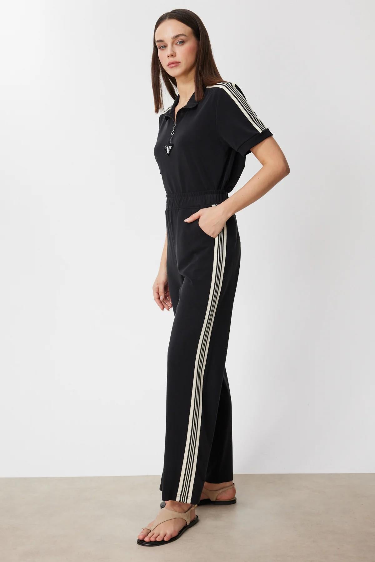 Şerit Detaylı Bol Paça Pantolon