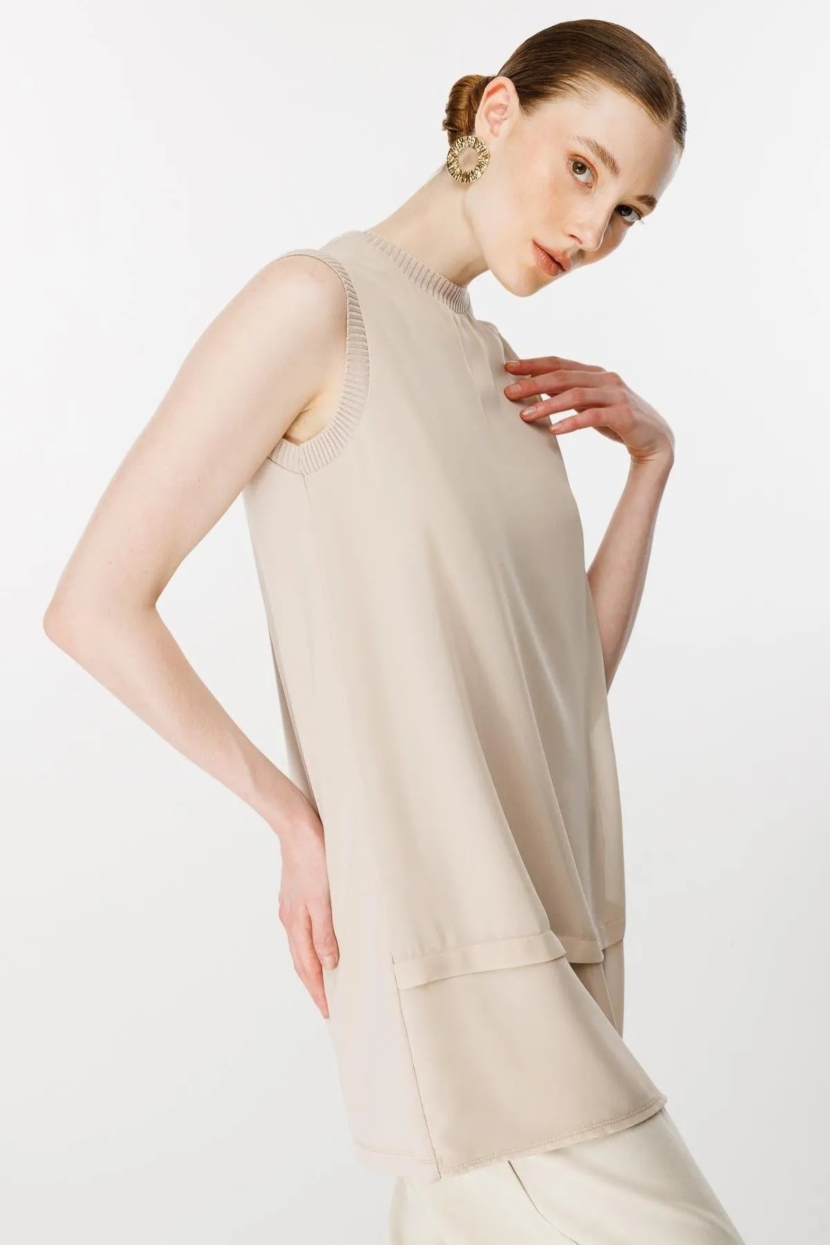 Chiffon Front Ribbed Tunic