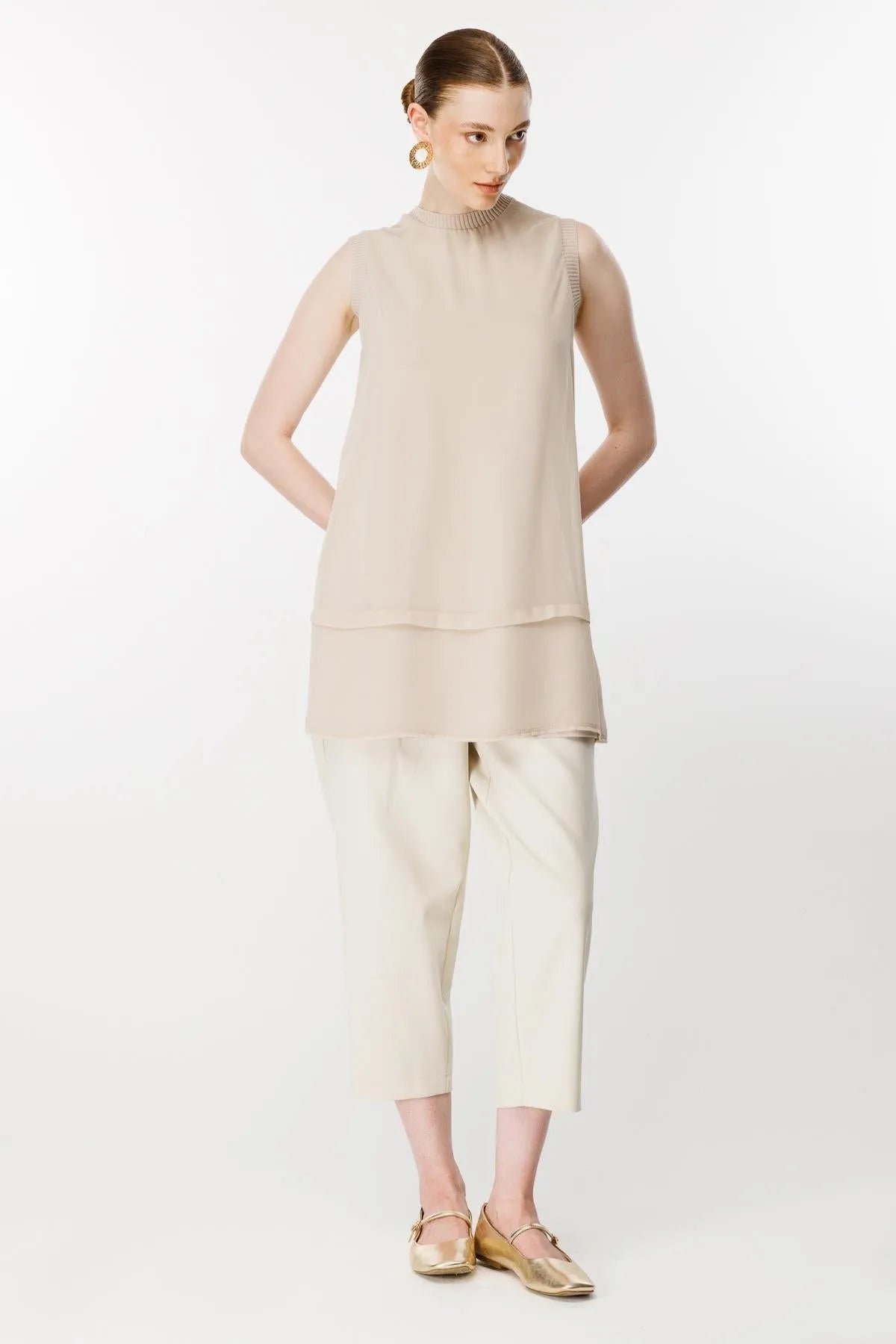 Chiffon Front Ribbed Tunic