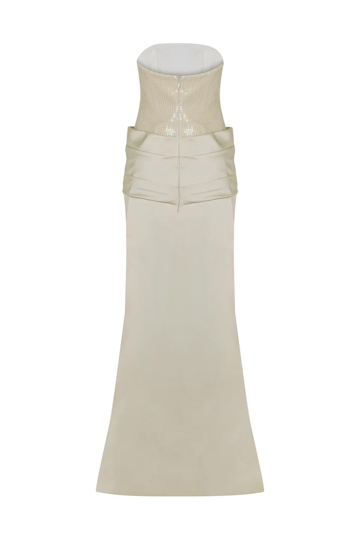 Payetli Saten Straplez Uzun Abiye Elbise