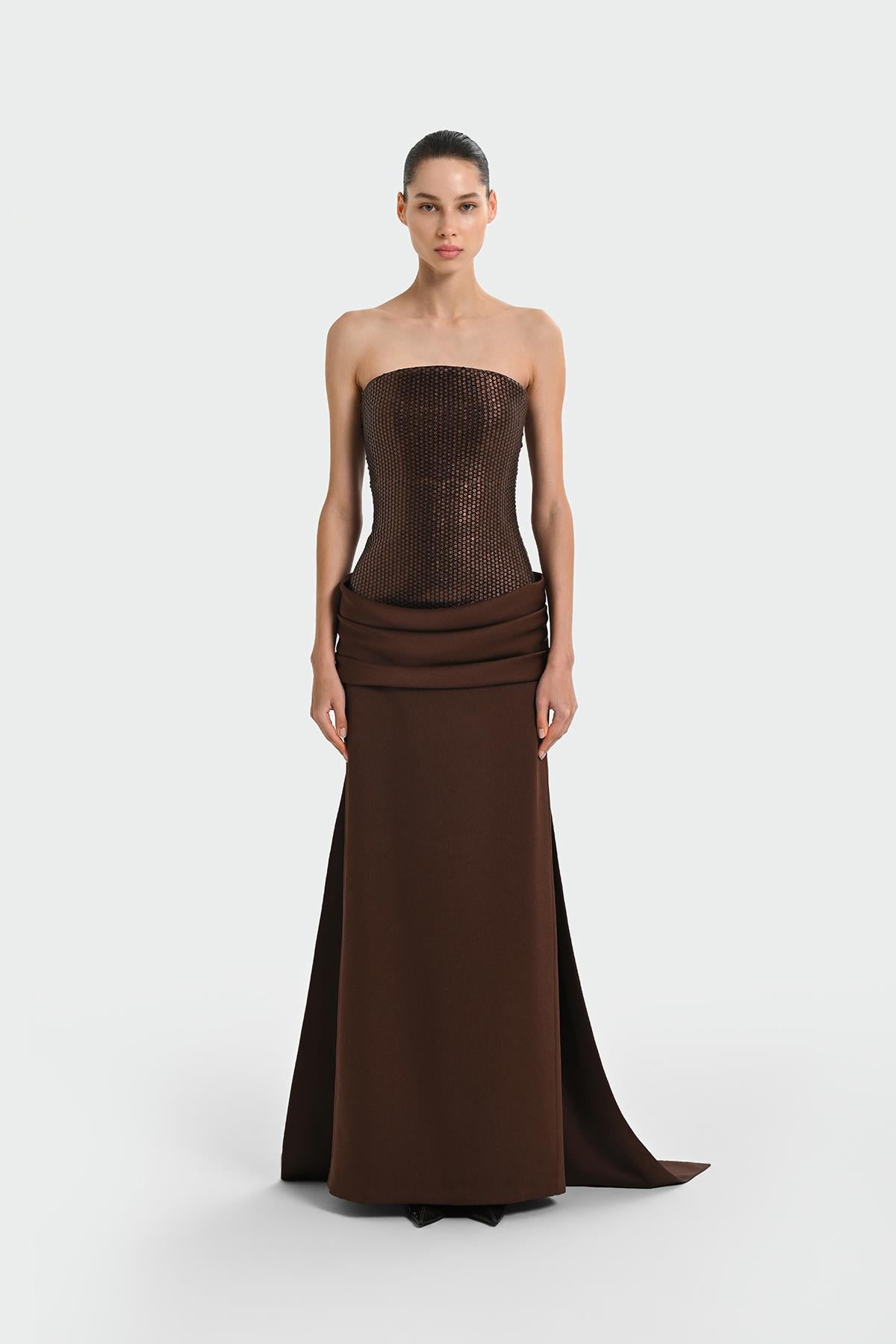 Sequined Satin Strapless Long Evening Dress