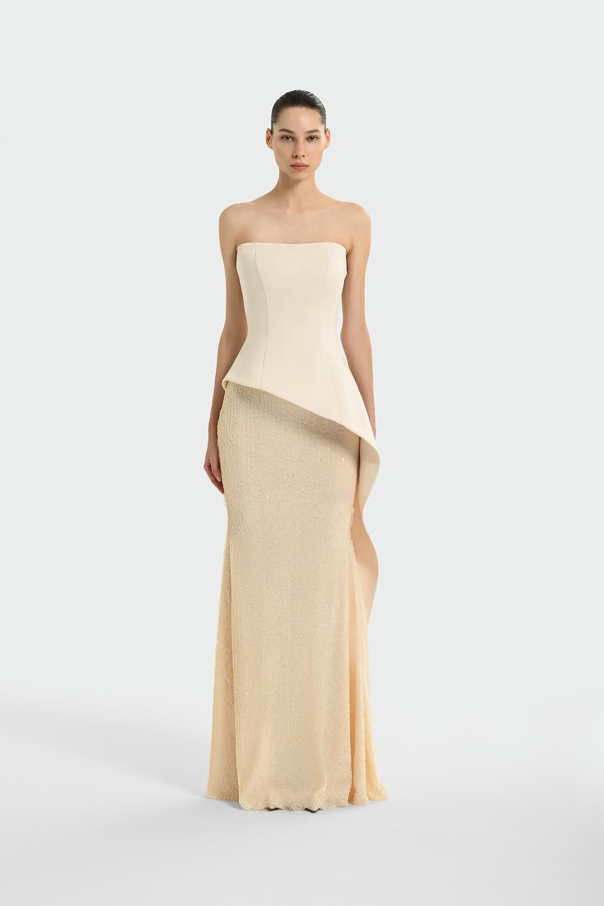 Pul Payet İşlemeli Straplez Krep Abiye Elbise