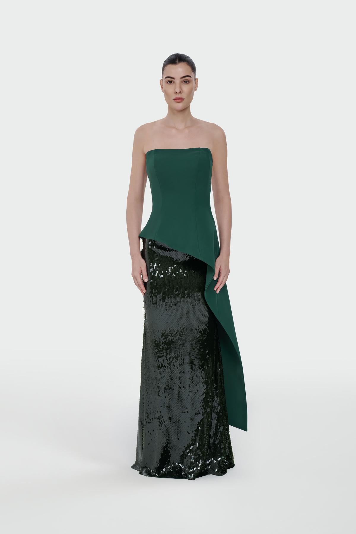 Sequined Strapless Crepe Evening Dress