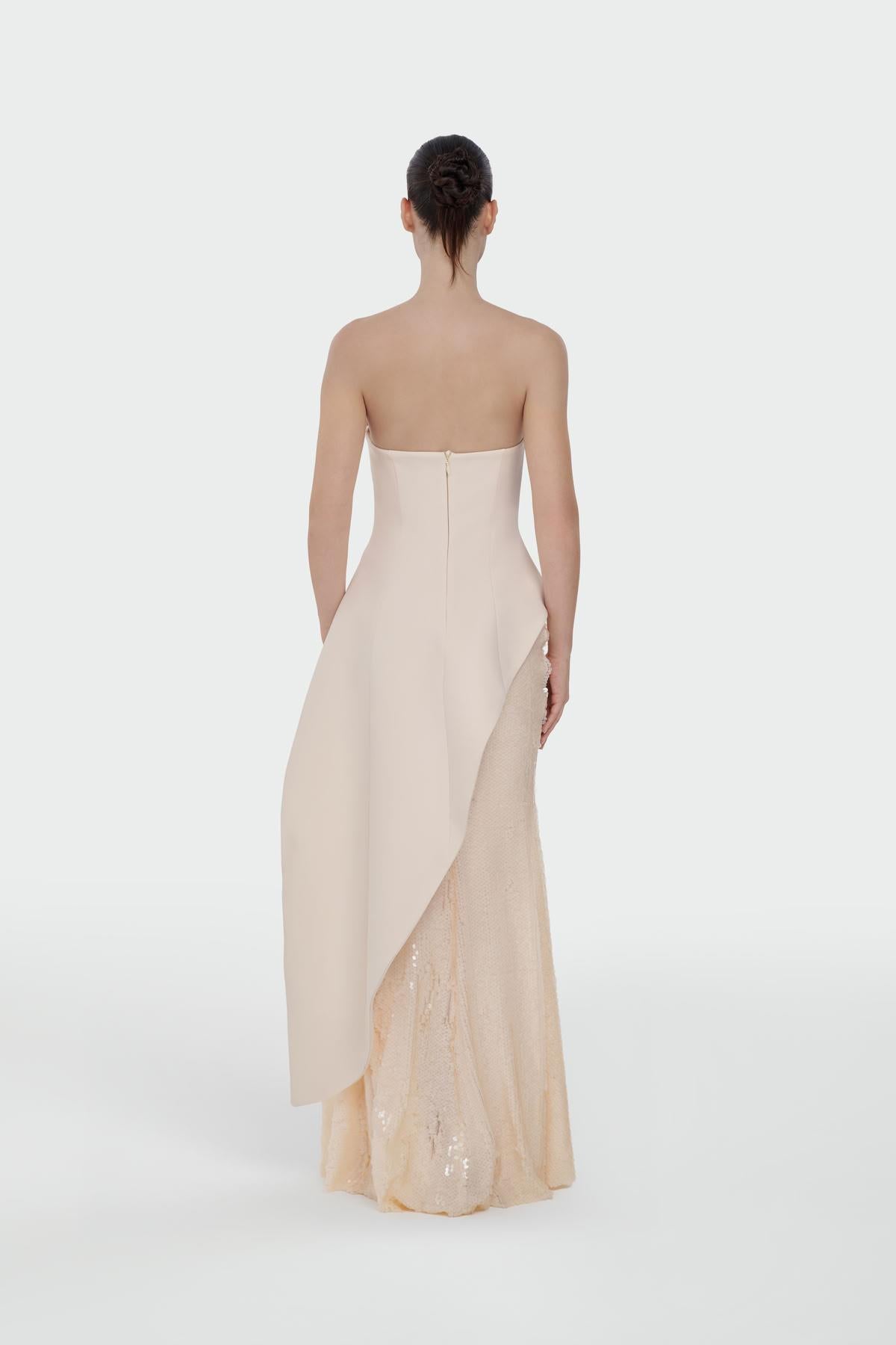 Sequined Strapless Crepe Evening Dress