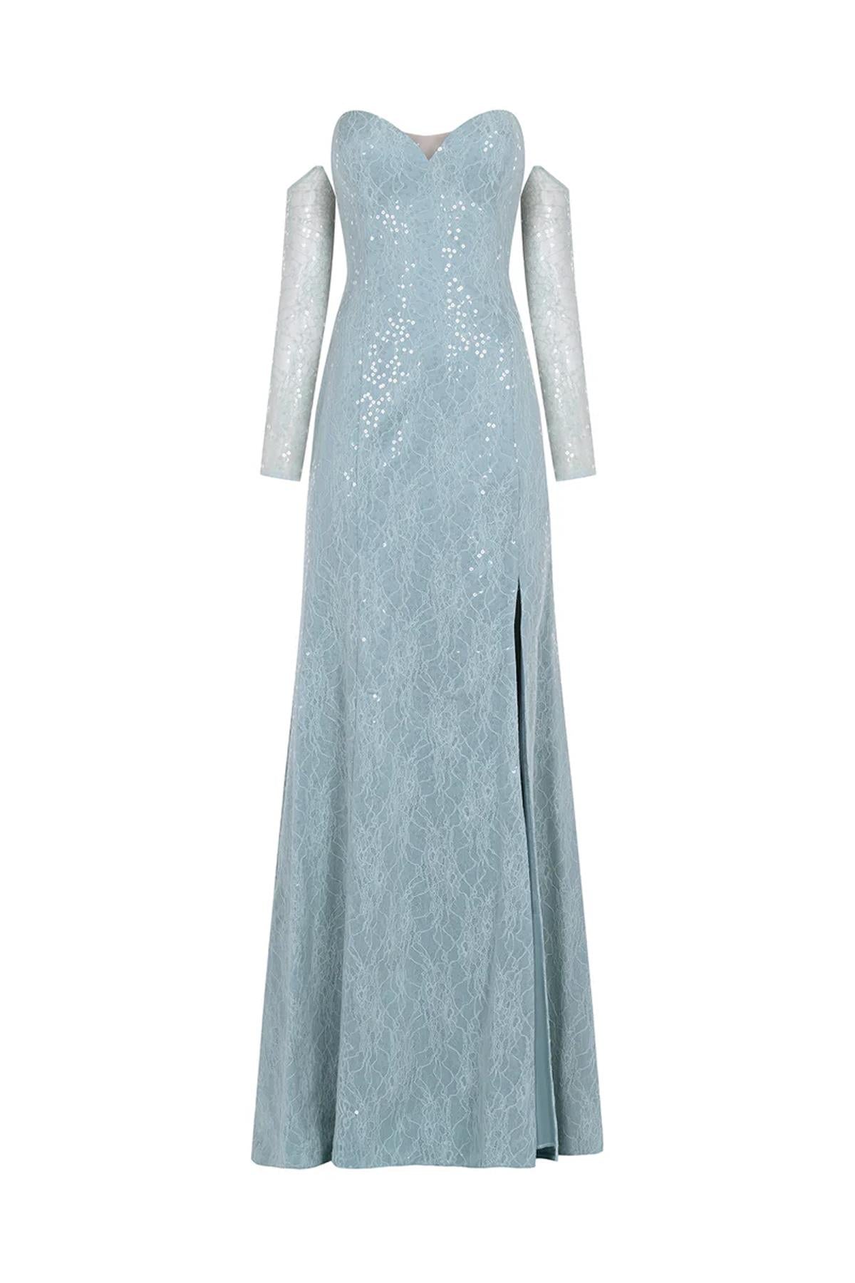 Simli Dantel Kalp Yaka Yırtmaç Detaylı Uzun Abiye Elbise