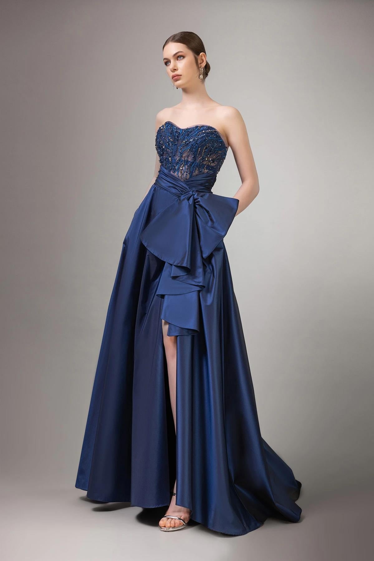 Strapless Beaded Embroidered Bow Long Evening Dress