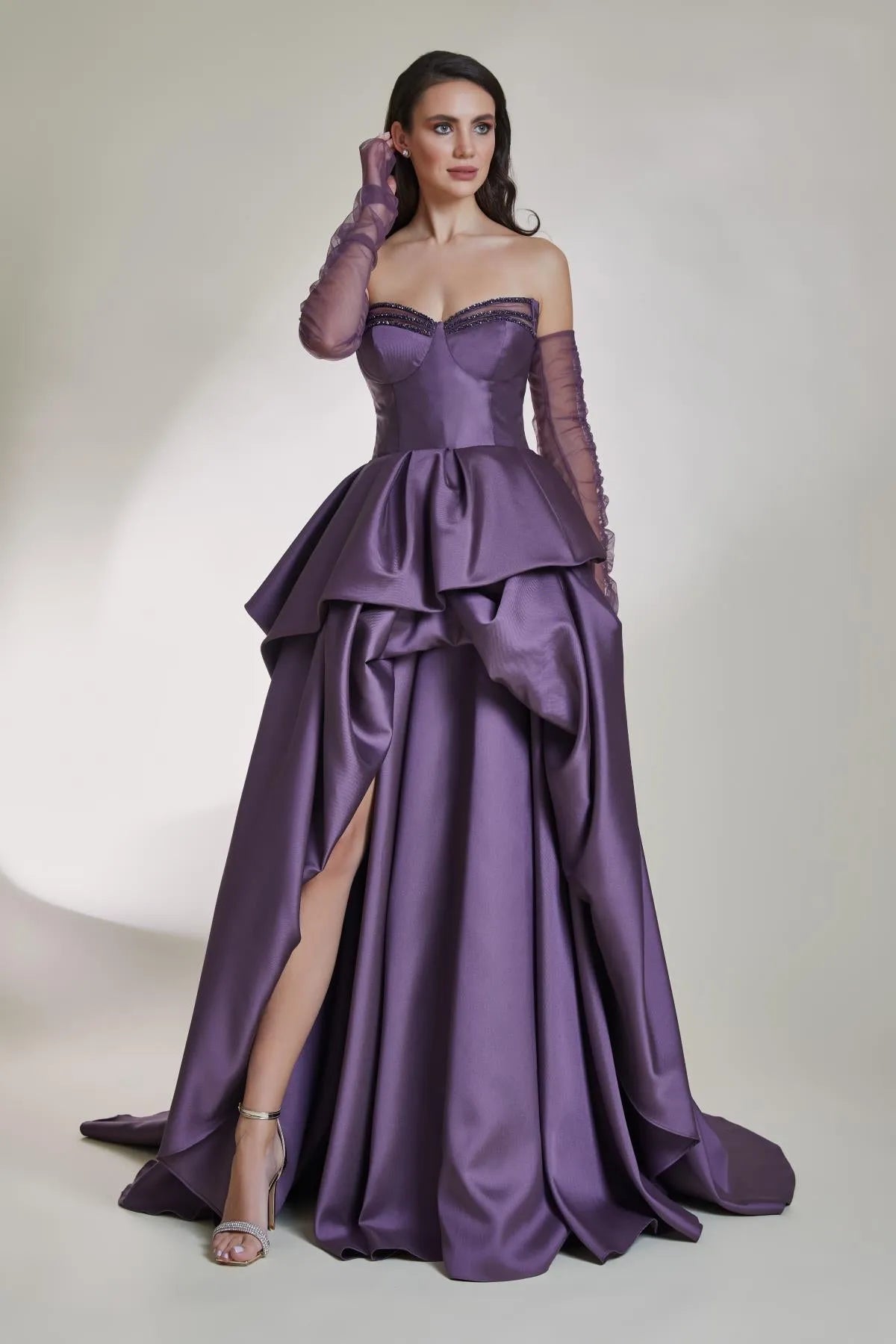 Strapless Deep Slit Tiered A-Line Evening Dress