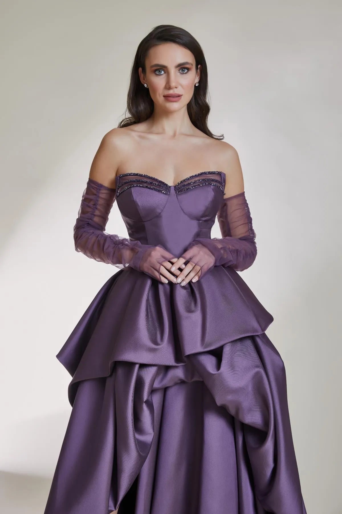 Strapless Deep Slit Tiered A-Line Evening Dress