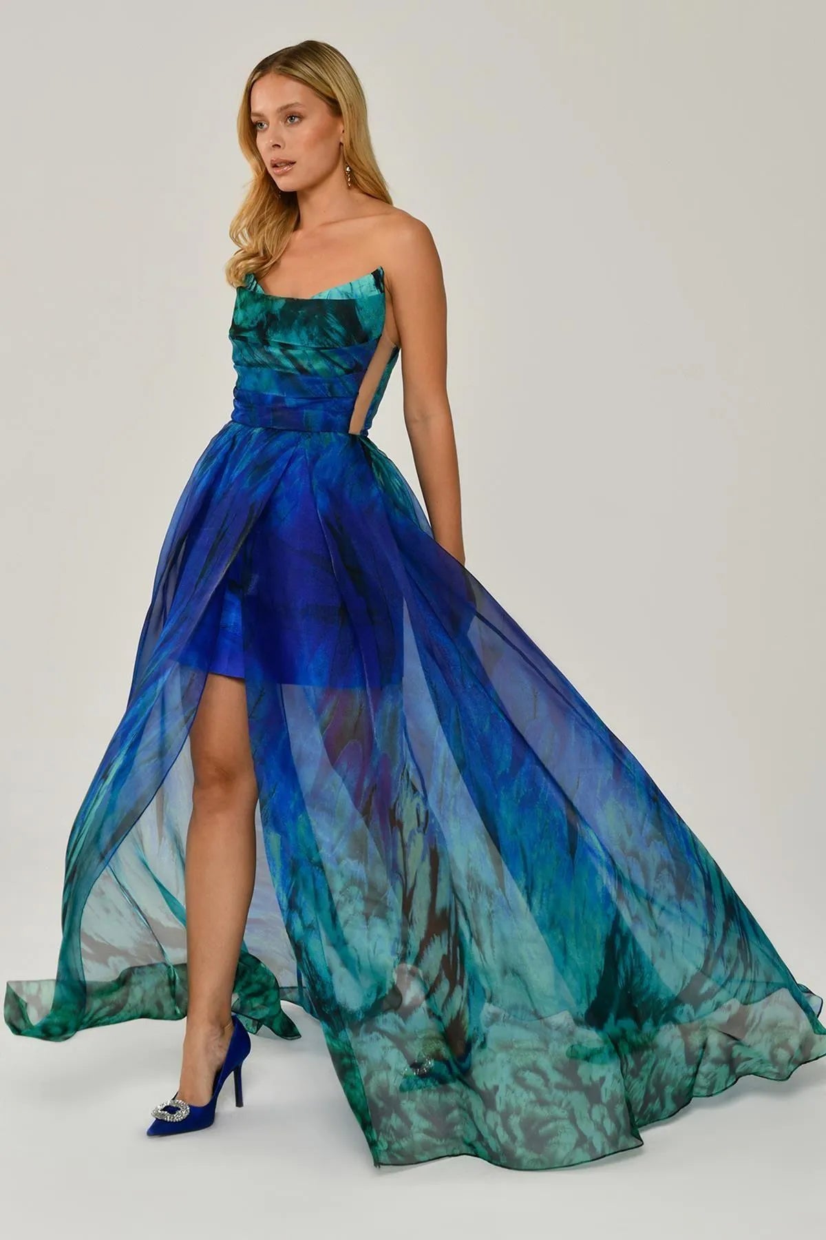 Strapless Patterned Evening Dress with Mini Skirt
