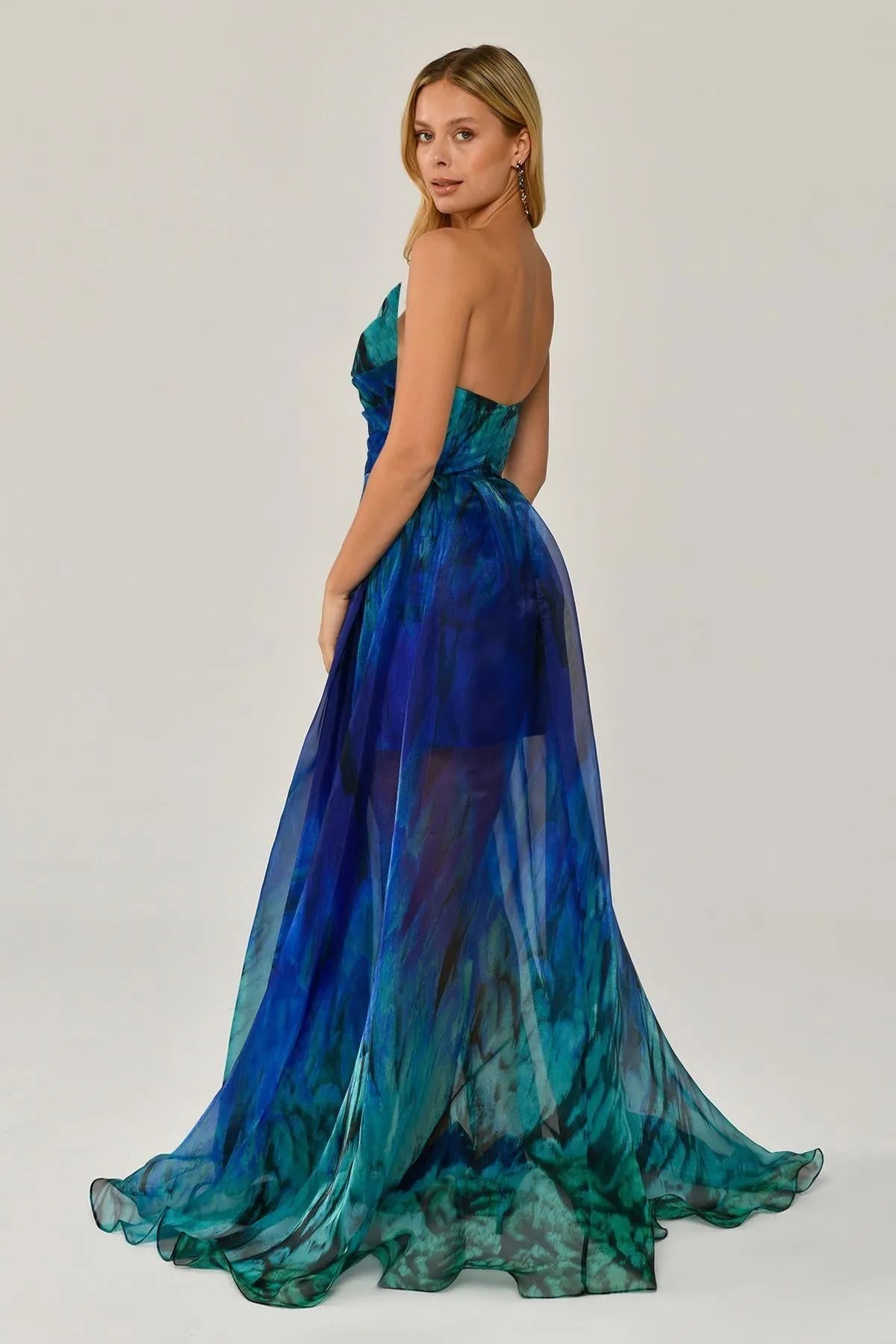 Strapless Patterned Evening Dress with Mini Skirt