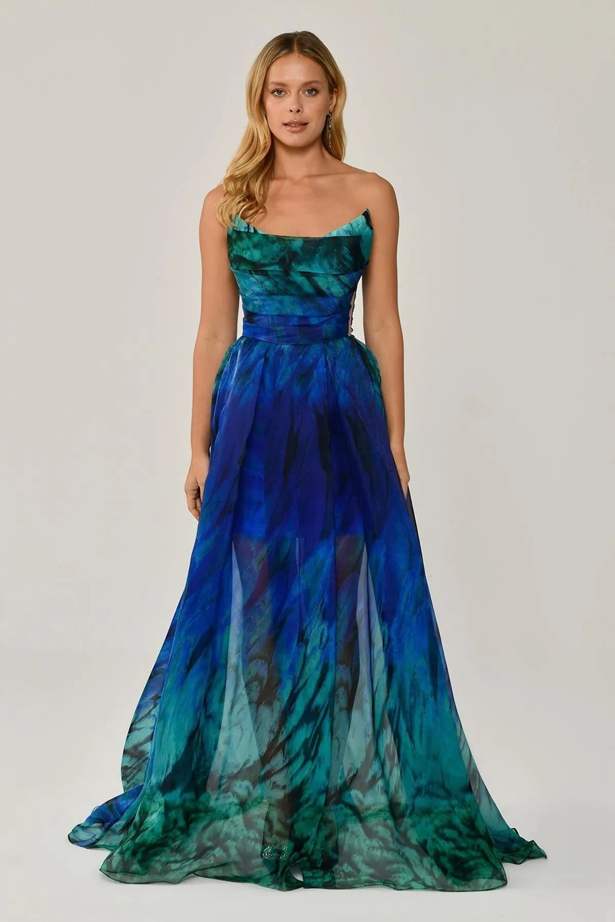 Strapless Patterned Evening Dress with Mini Skirt