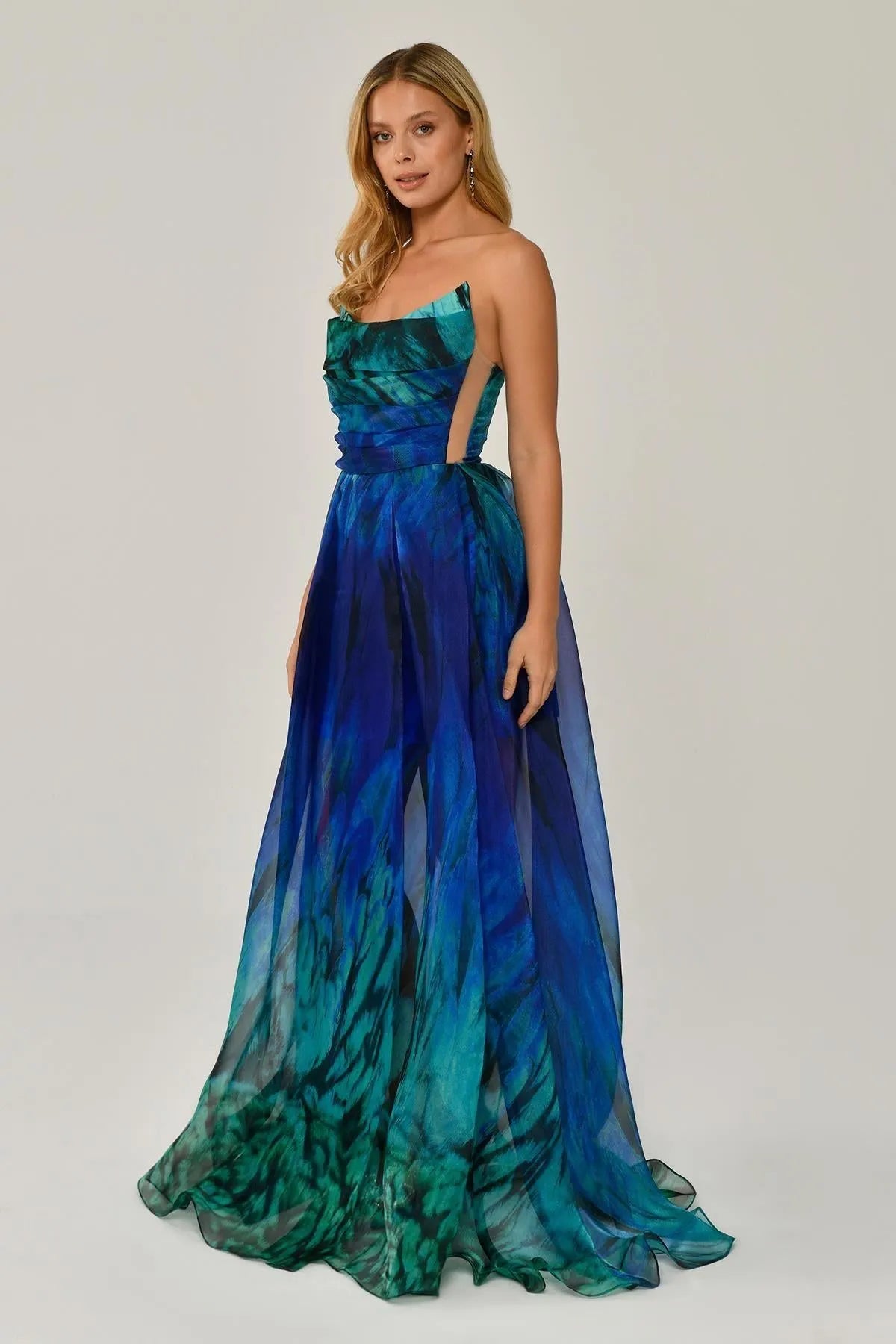 Strapless Patterned Evening Dress with Mini Skirt
