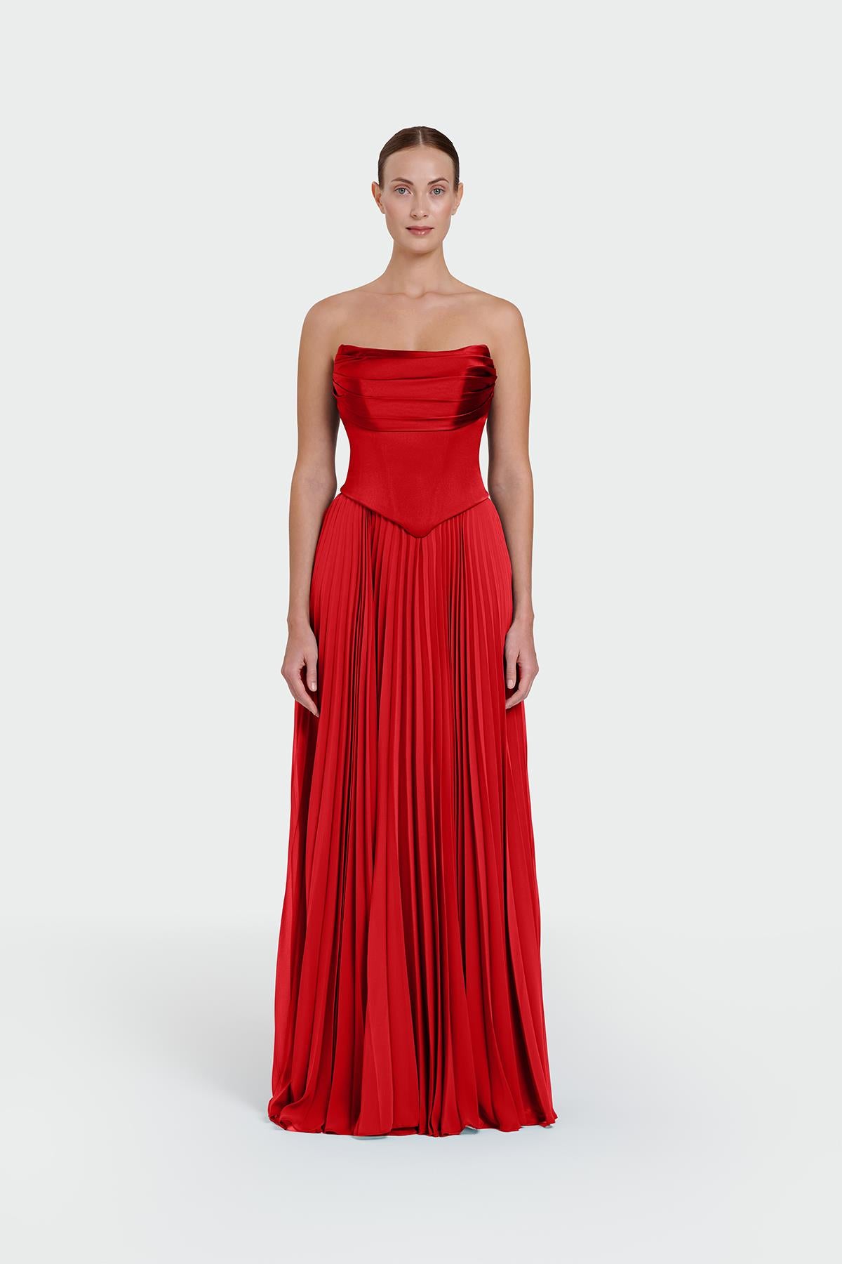 Strapless Draped Pleated Skirt Long Evening Dress
