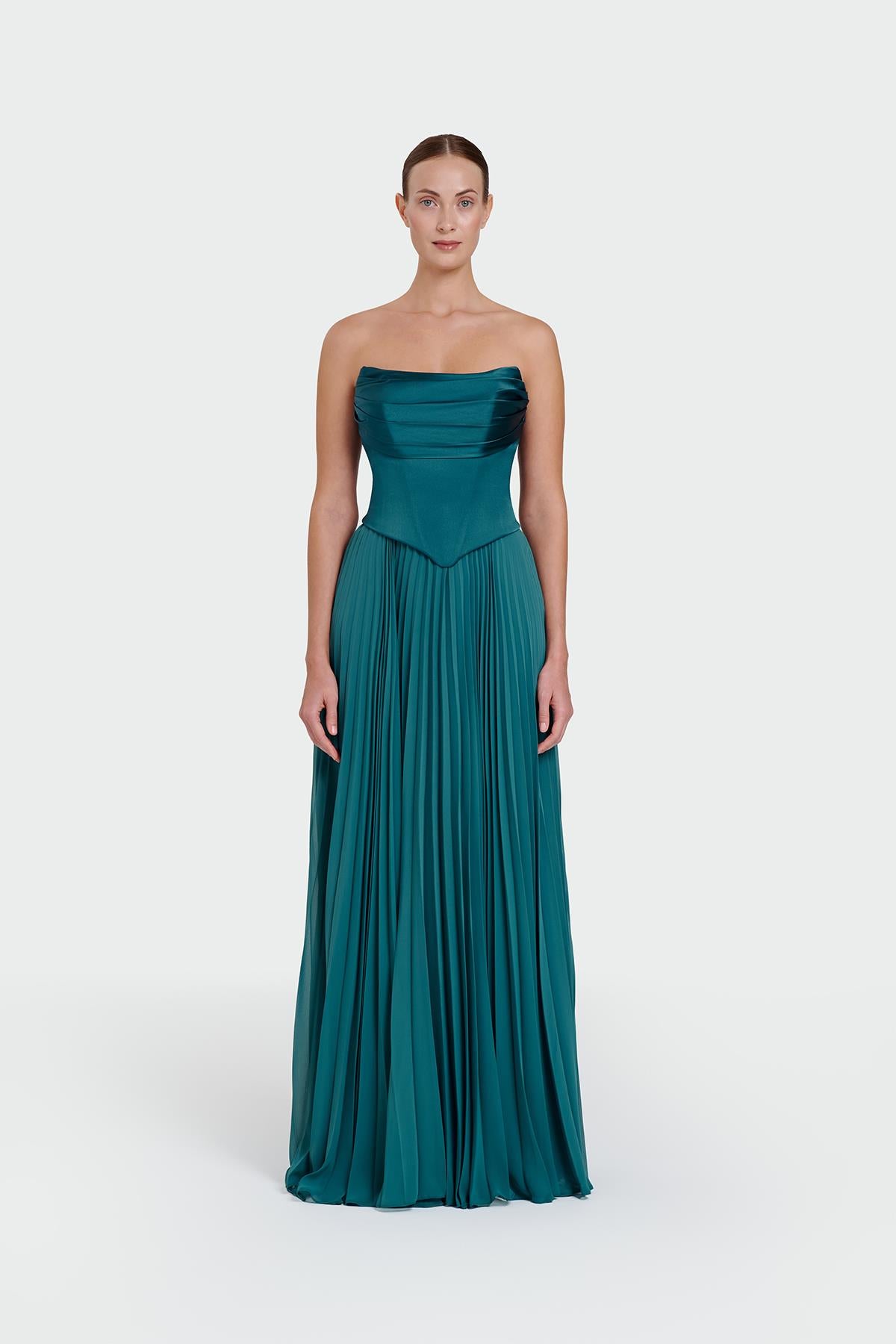 Strapless Draped Pleated Skirt Long Evening Dress