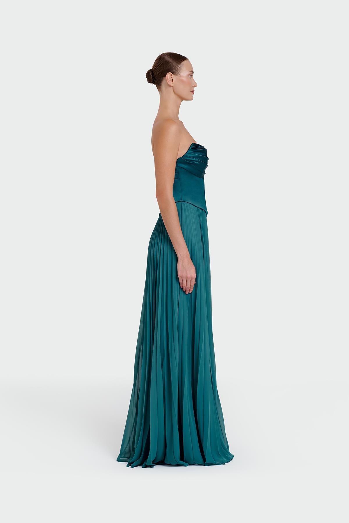 Strapless Draped Pleated Skirt Long Evening Dress
