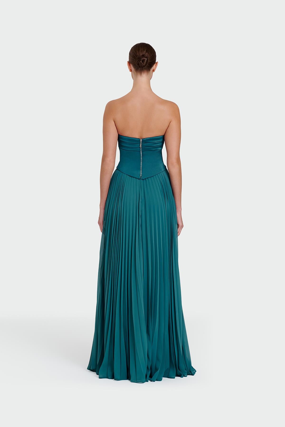 Strapless Draped Pleated Skirt Long Evening Dress