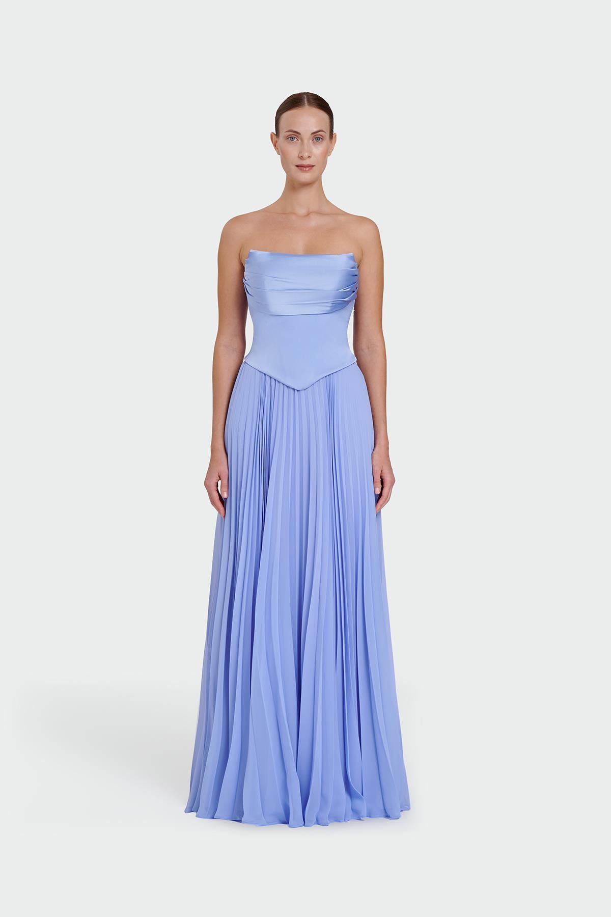 Strapless Draped Pleated Skirt Long Evening Dress
