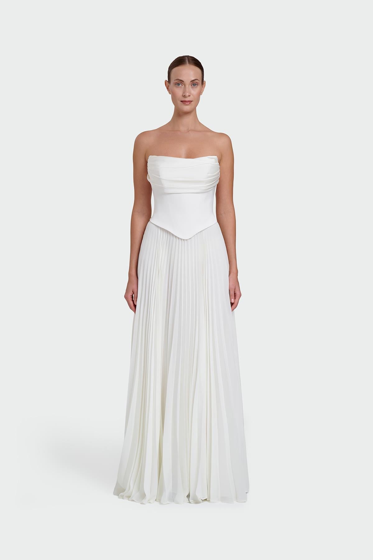 Strapless Draped Pleated Skirt Long Evening Dress