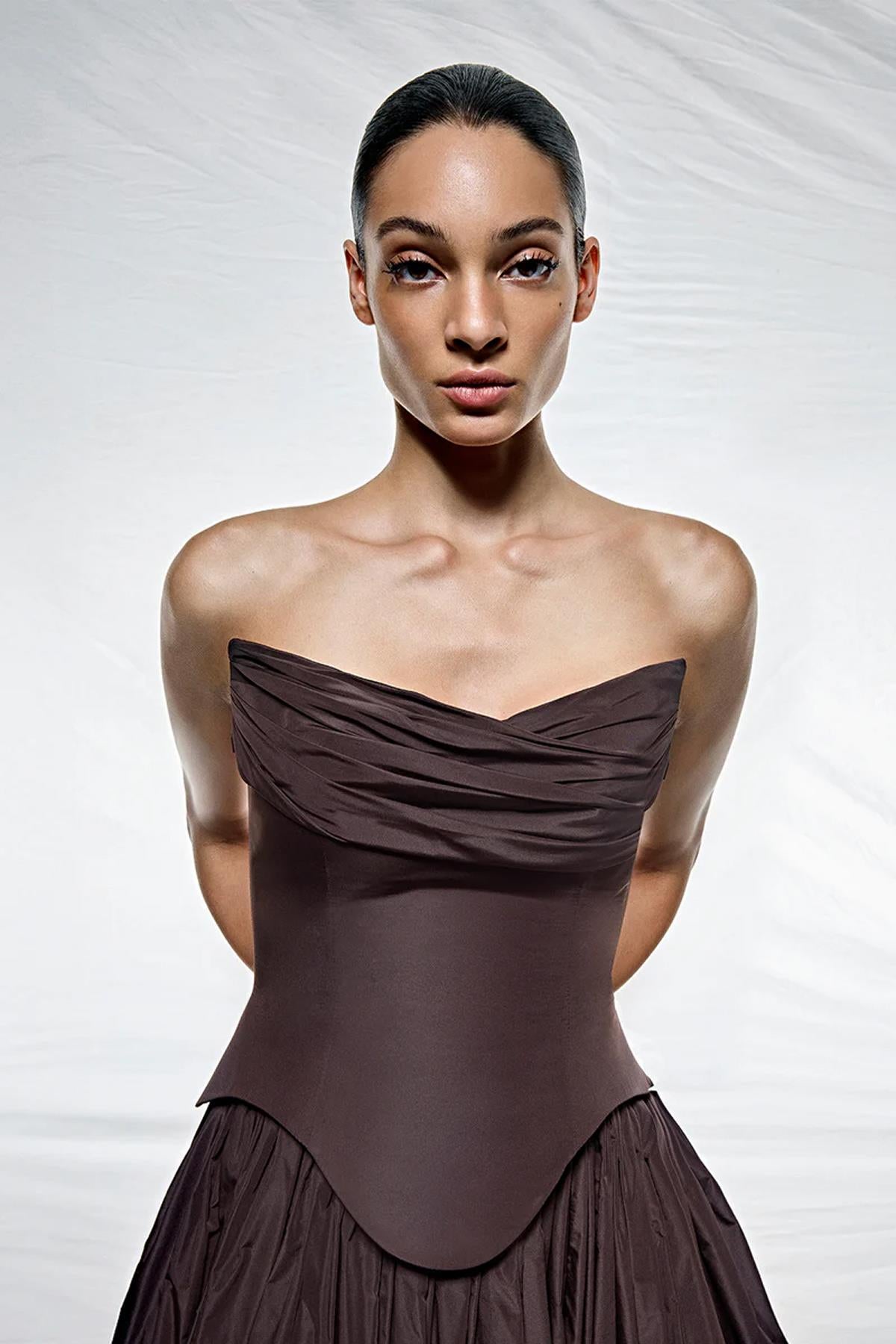 Strapless Draped Corset Detailed Evening Dress