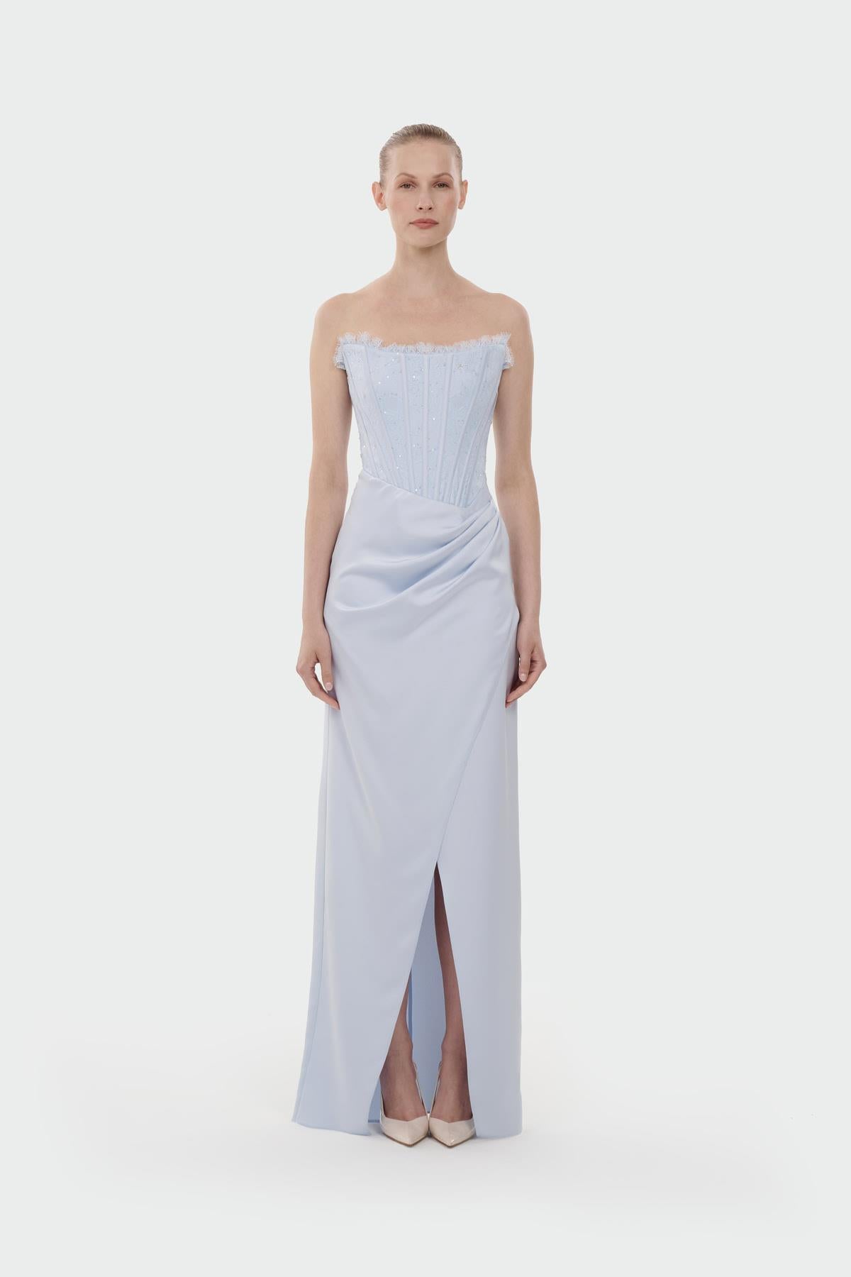 Strapless Draped Slit Evening Gown
