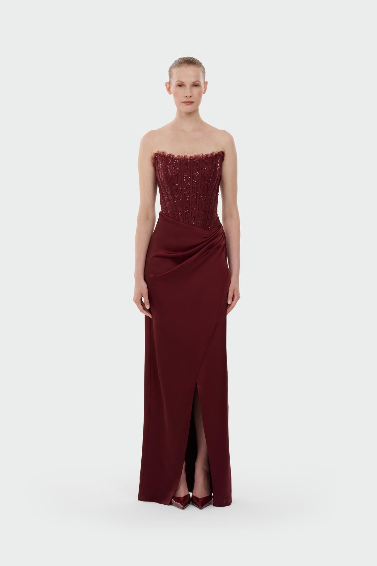 Strapless Draped Slit Evening Gown