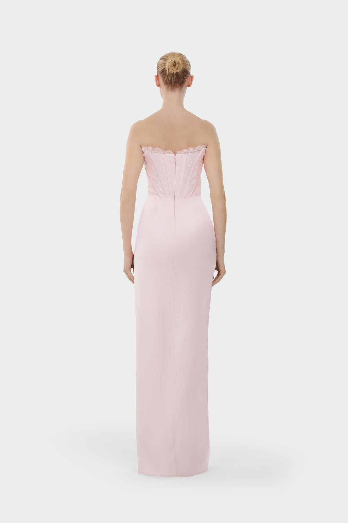 Strapless Draped Slit Evening Gown