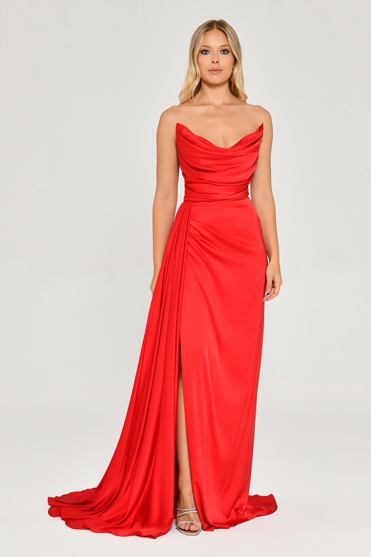 Strapless Draped Slit Satin Evening Dress