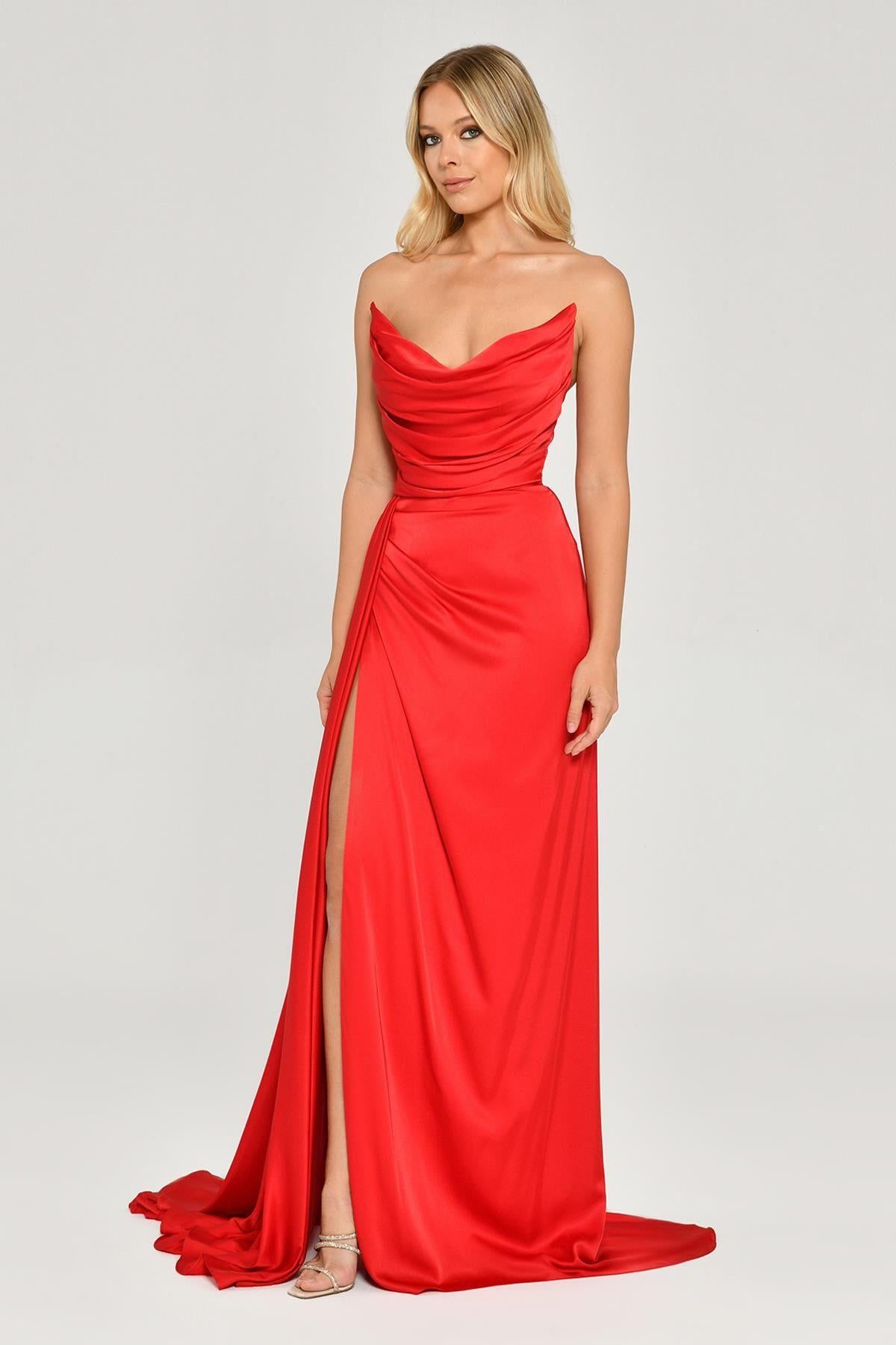 Strapless Draped Slit Satin Evening Dress