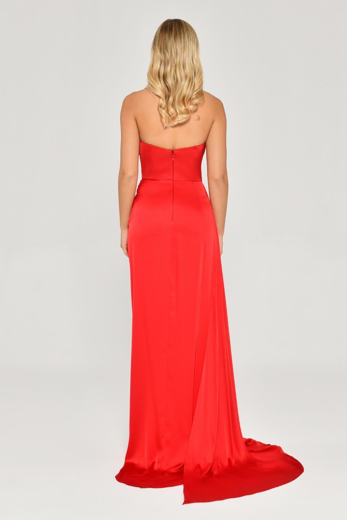 Strapless Draped Slit Satin Evening Dress
