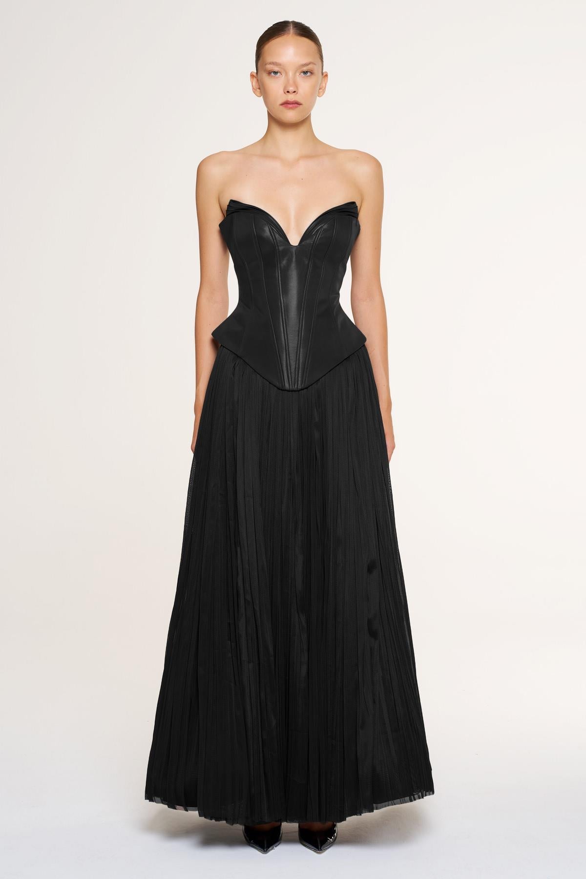 Strapless Corset Pleated Long Evening Gown Suit