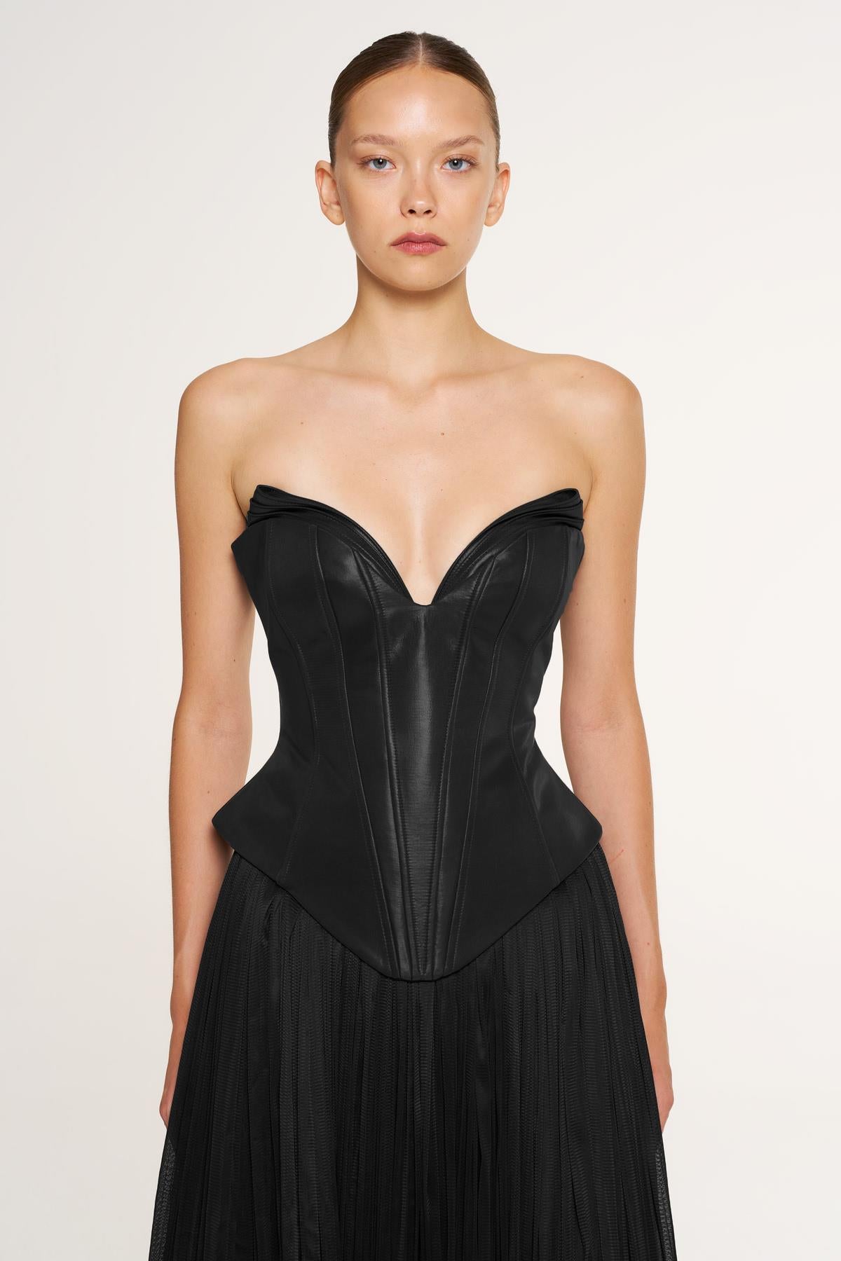 Strapless Corset Pleated Long Evening Gown Suit