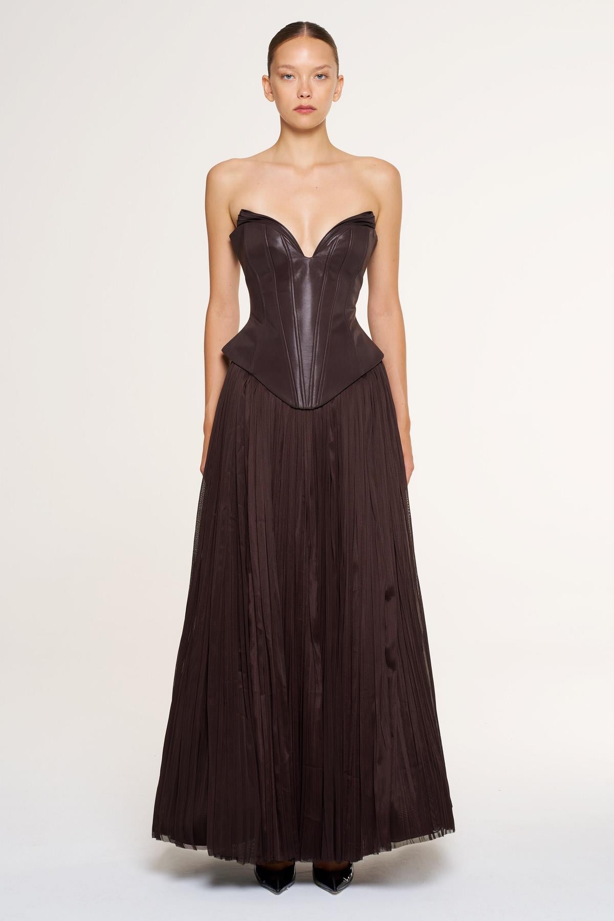 Strapless Corset Pleated Long Evening Gown Suit