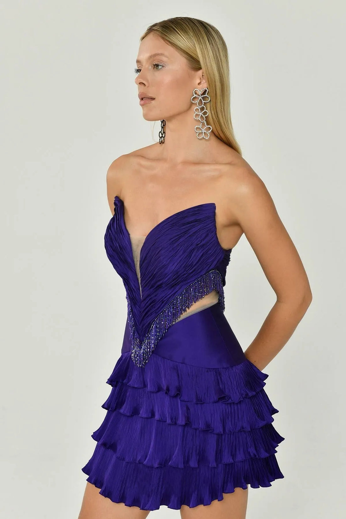 Alfabeta Strapless Pleated Layered Mini Evening Dress