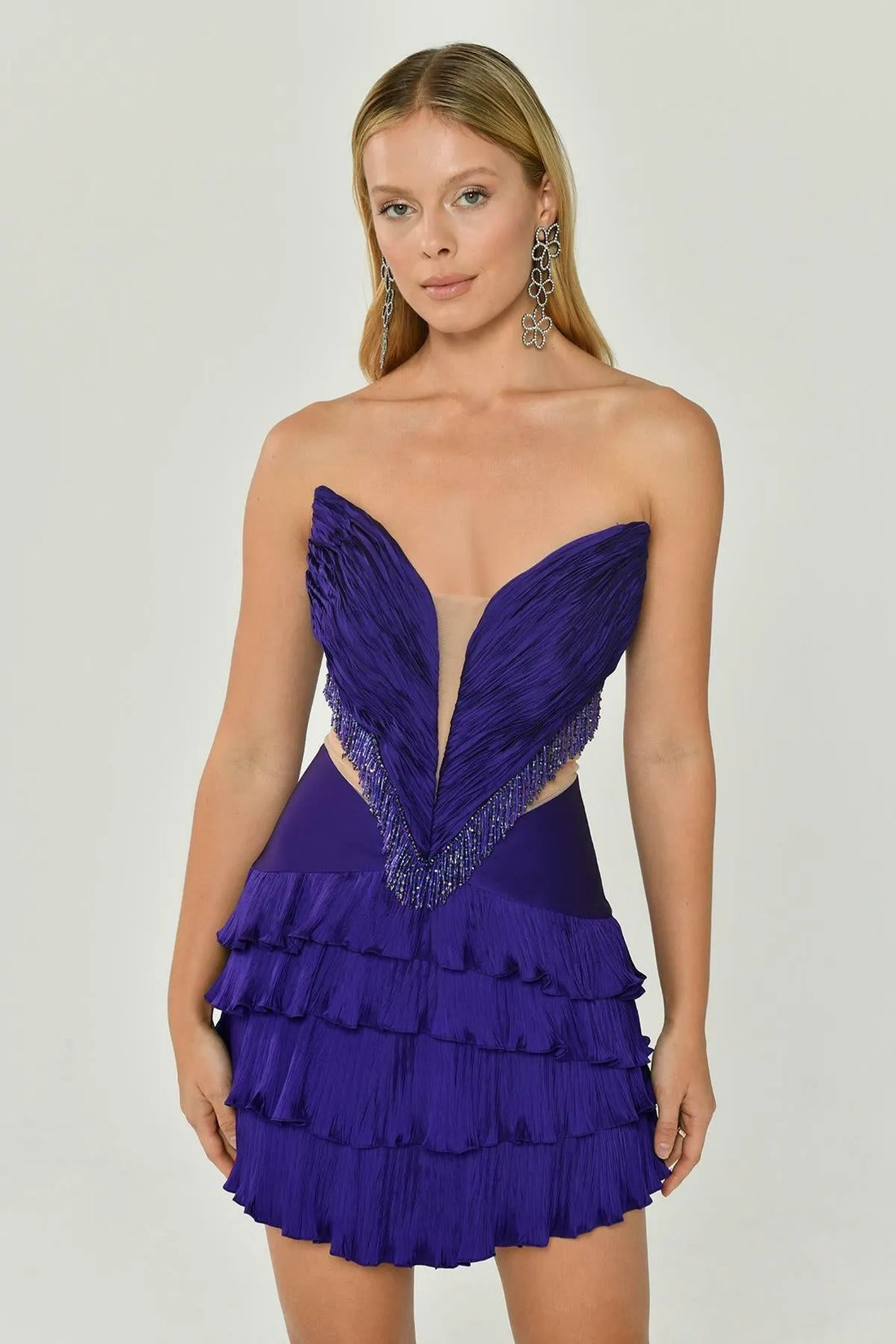 Alfabeta Strapless Pleated Layered Mini Evening Dress